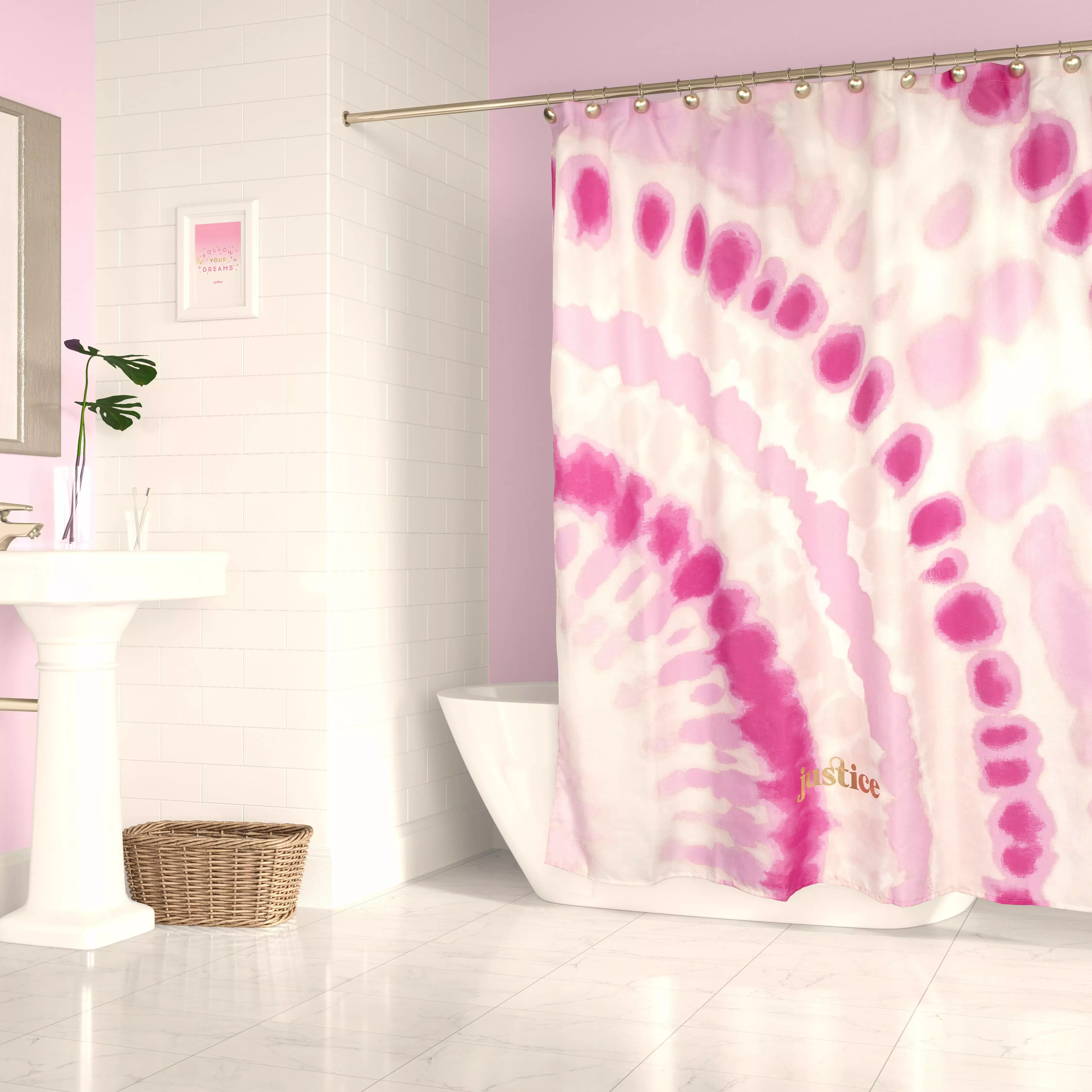 Justice Pink Tie Dye Shower Curtain and Hooks Set. Microfiber