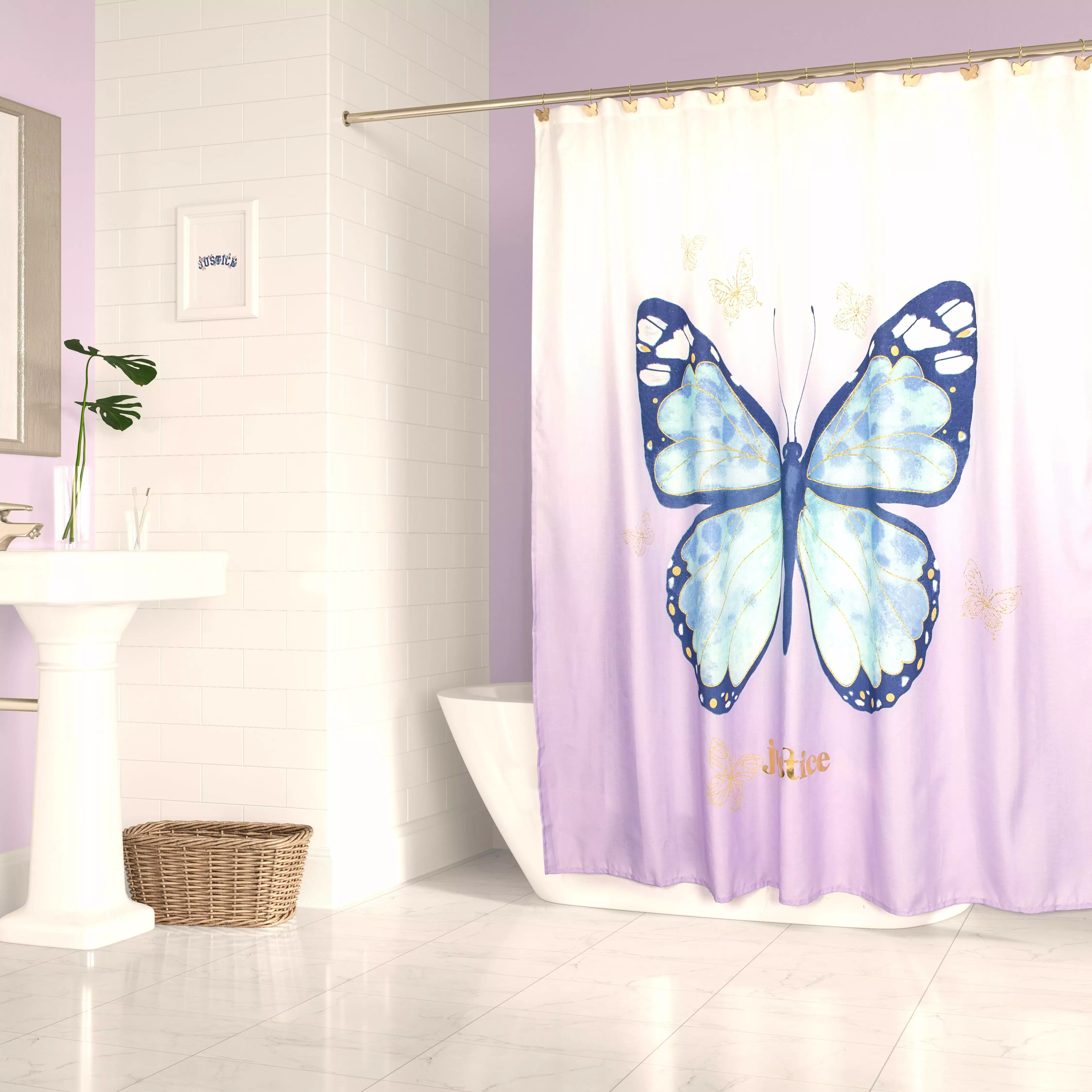 Justice Purple Butterfly Ombre Polyester Shower Curtain and Hooks Set. Microfiber