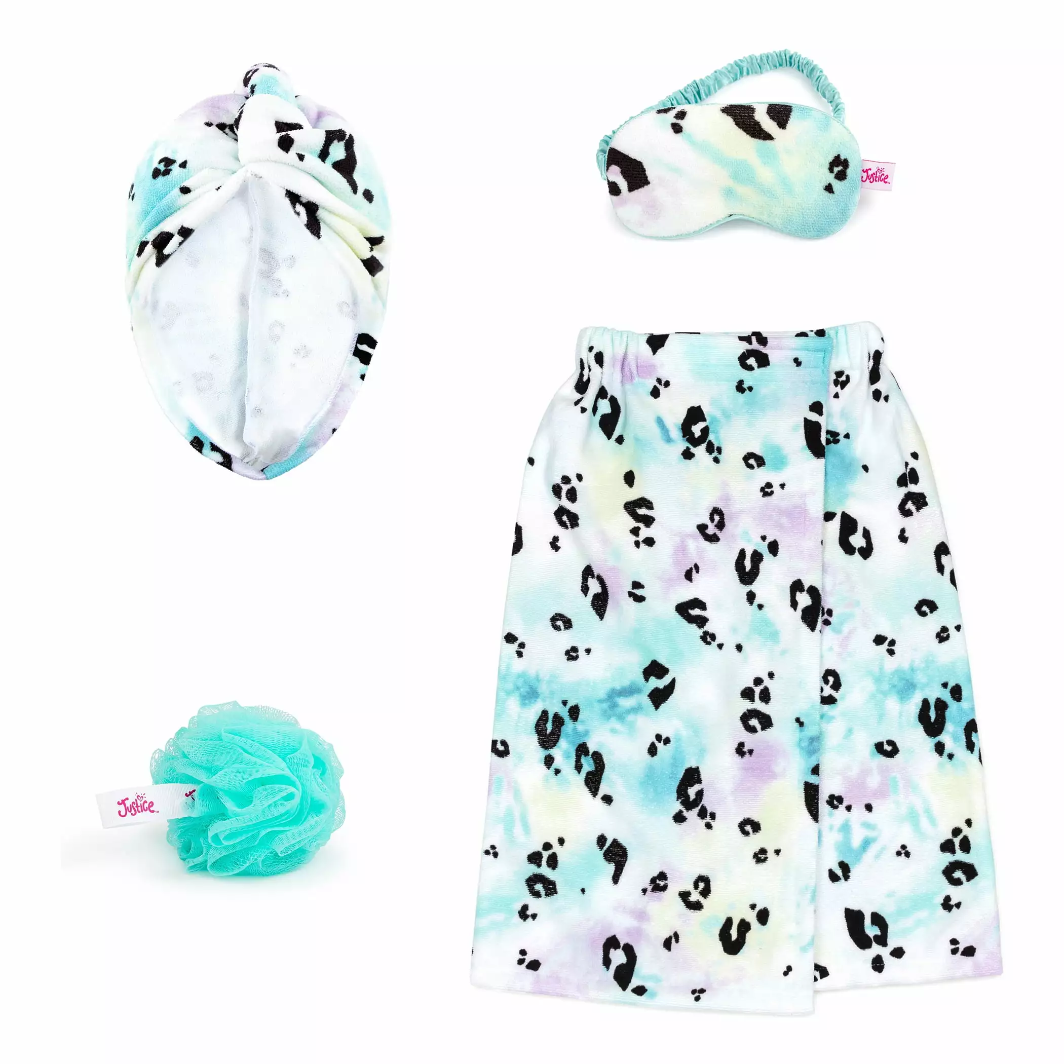 Justice Rainbow Cheetah 4-Piece Spa Set with Bath Towel Wrap. Eye Mask and Loofah. Blue