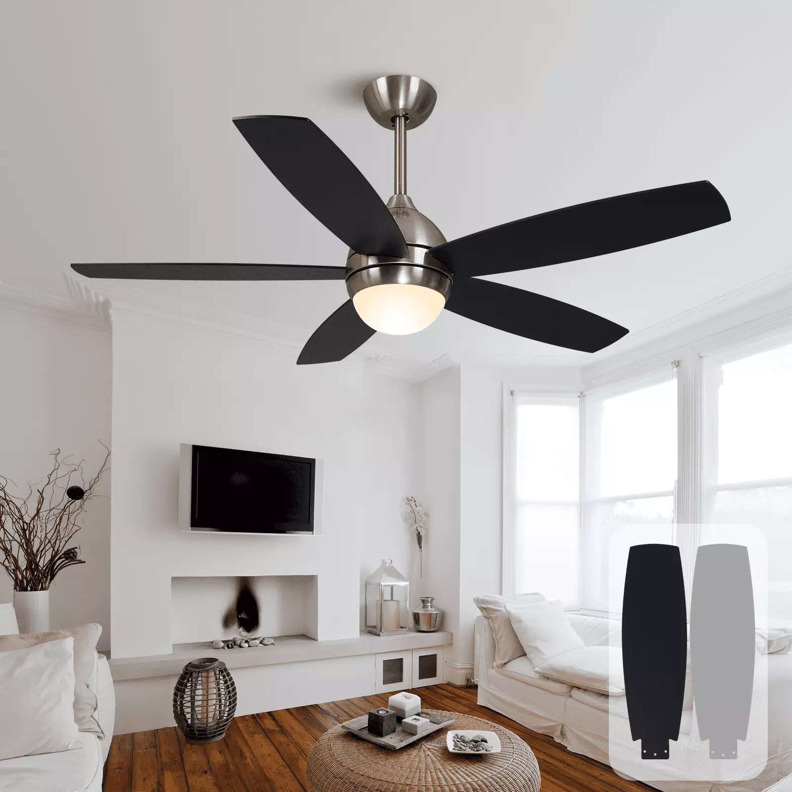 KAPOEFAN 52inch Ceiling Fan with Light and Remote. Modern Ceiling Fan for Outdoor.Living Room.Office.5 blades.Brushed Nickel