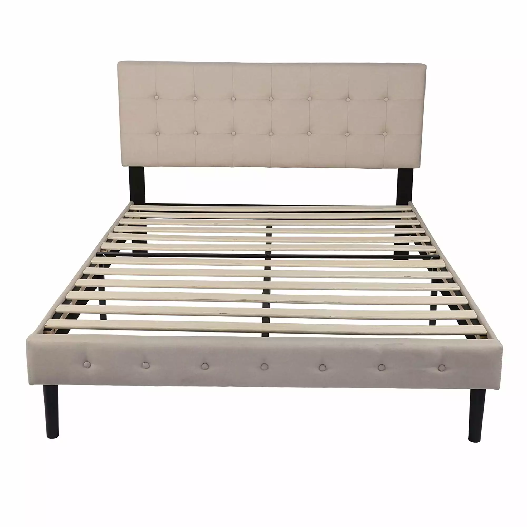 KARMAS PRODUCT 14-inch Upholstered Platform Bed Frame with Headboard Mattress Foundation with Wood Slat Support No Box Spring Needed Beige (Full)