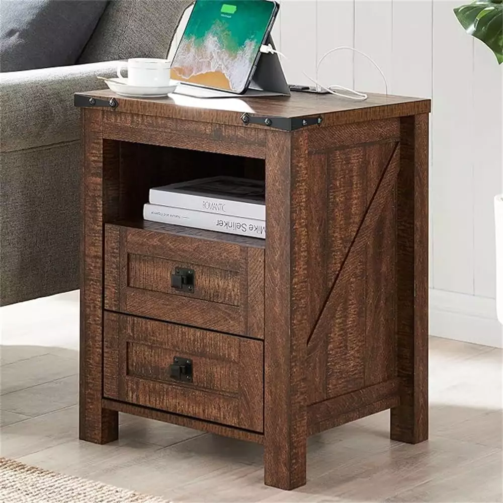 KEAIDO Nightstand with Charging Station. Rustic 18 Inch End Table with 2 Storage Drawers and Open Shelf. Wood Sofa Side Table for Bedroom Living Room