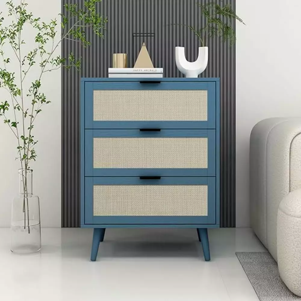 KEAIDO Rattan Chest of Drawers with 3 Drawers Dresser. Wood Storage Dresser Cabinet Organizer for Bedroom Living Room Entryway