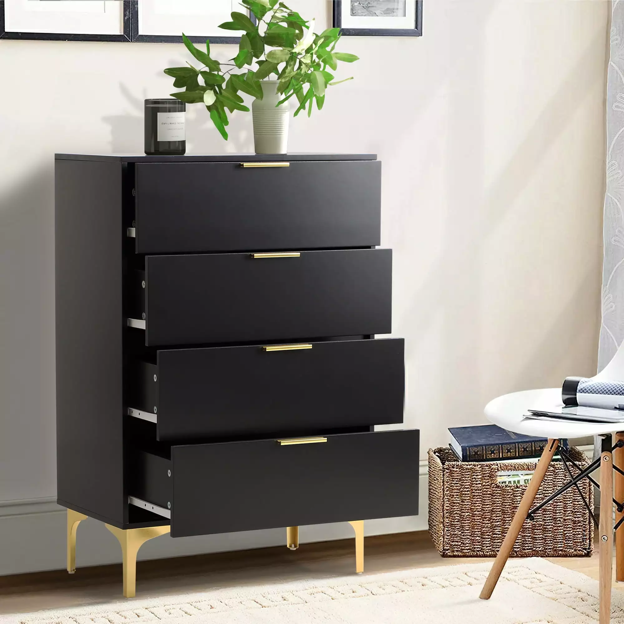 KIGOTY 4 Drawer Dresser. Modern Wooden Cabinet for Bedroom. Hallway Living Room 23.7L.Black