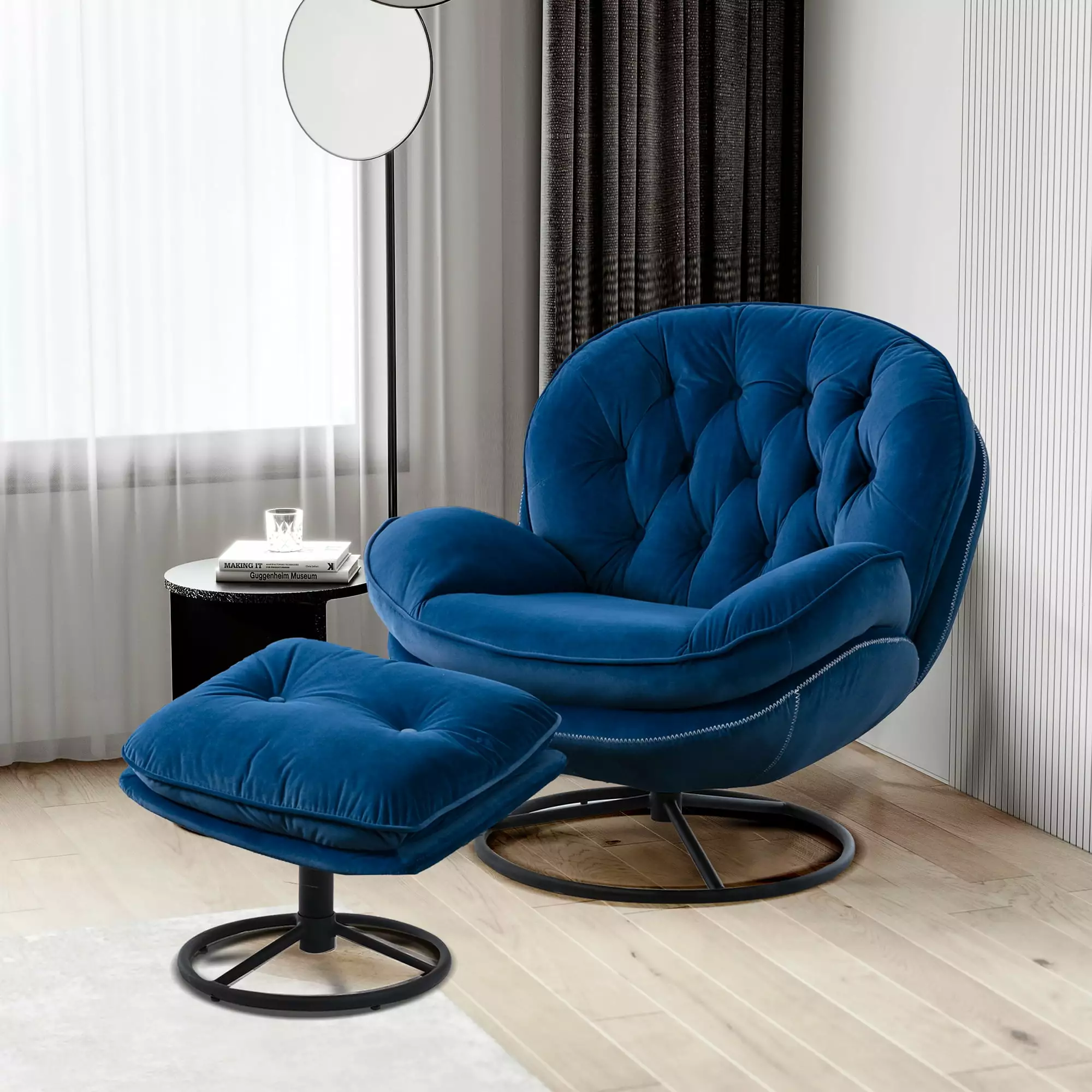 KINFFICT Accent Swivel Chair with Ottoman. Modern Lounge Chair with Footrest. Comfy Round Armchair with Tufted Design. for Living Room Bedroom. Blue