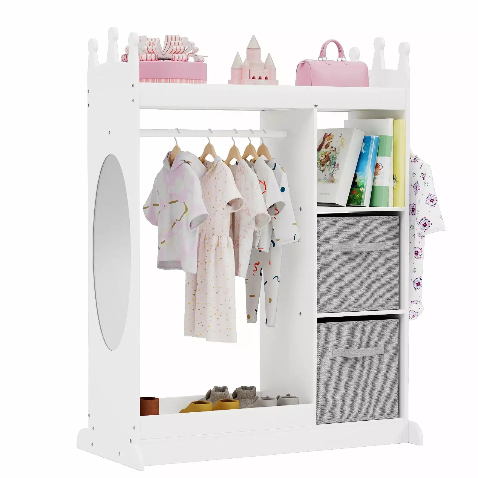 KORIMEFA Kids Dress up Storage with Mirror. 2 Storage Bins & Cloth Hanger. Opening Hanging Costume Closet Wardrobe for 3-7 years Boys Girls. Play Armoire Pretend Storage Closet