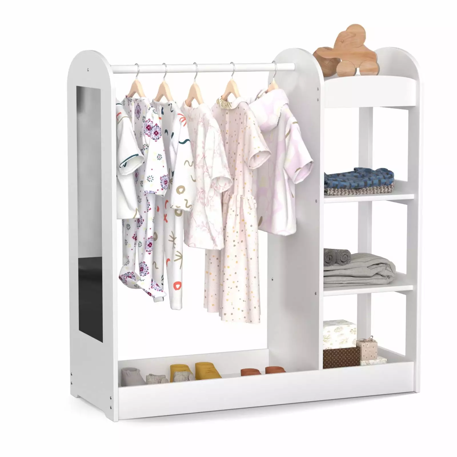 KORIMEFA Kids Dress up Storage with Mirror. Clothes Rack. 3-Tier Shelves. Bottom Tray. Pretend Play Costume Dresser Organizer Center. Open Hanging Armoire Closet for Little Girls