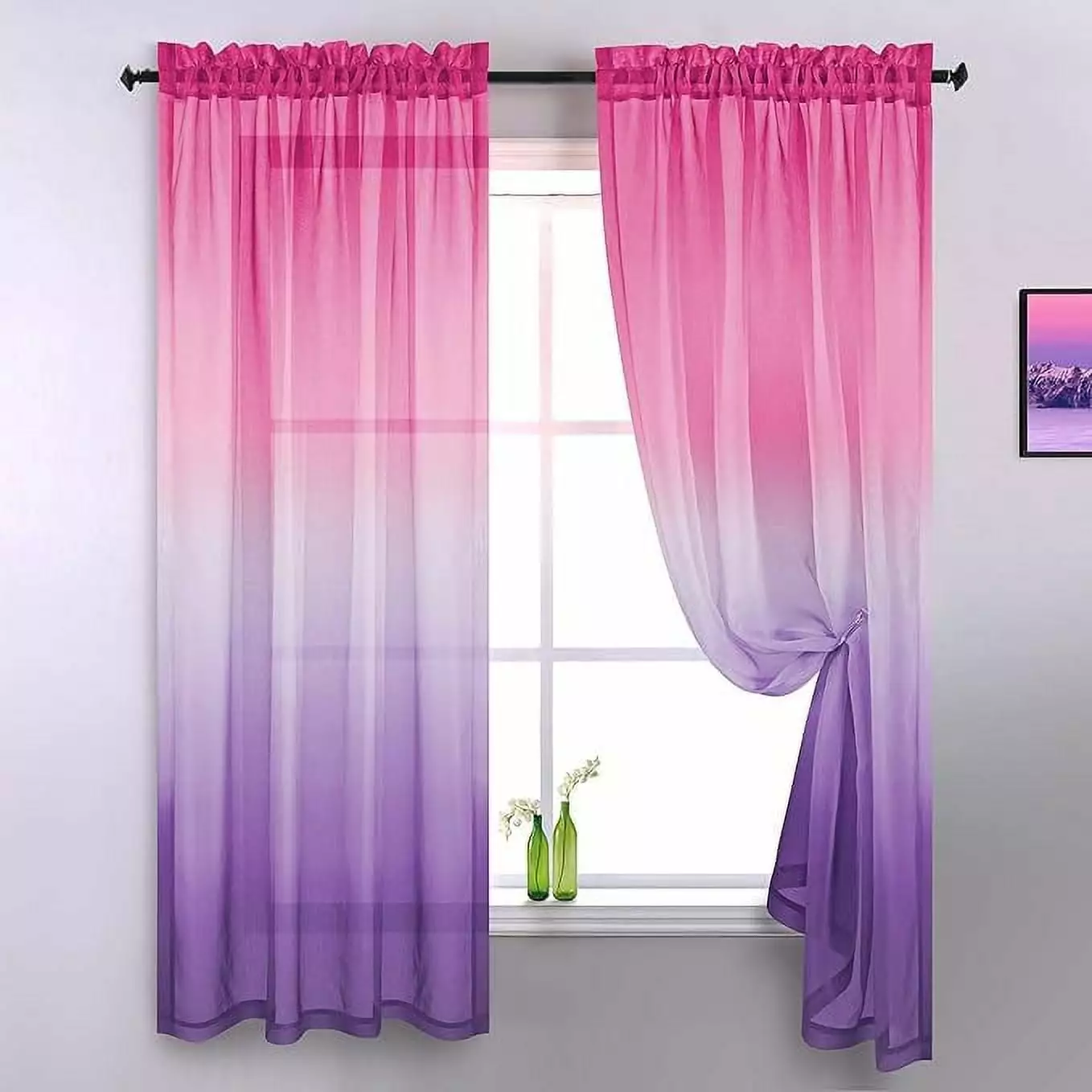 KOUFALL Pink and Purple Ombre Window Sheer Curtain Panel Set of 2 Packs Semi Transparent Voile Drapes Short Sheer Curtains for Bedroom Girls Teen Neon Room Decor Decoration Wide 52 x 63 Inch Length