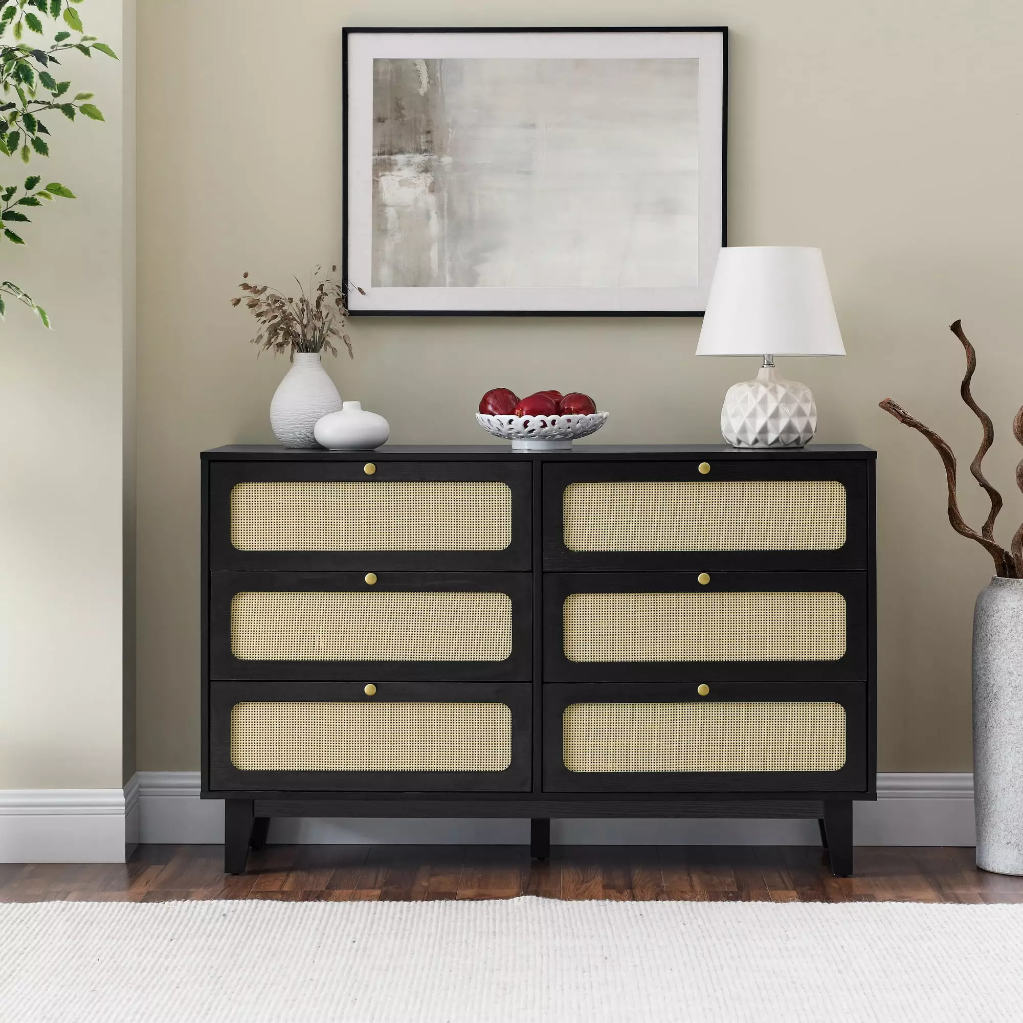 KUOESYN 6 Drawer Storage Cabinet. Modern Rattan Chest of Drawers. Double Dressers for Bedroom. Entryway. Black