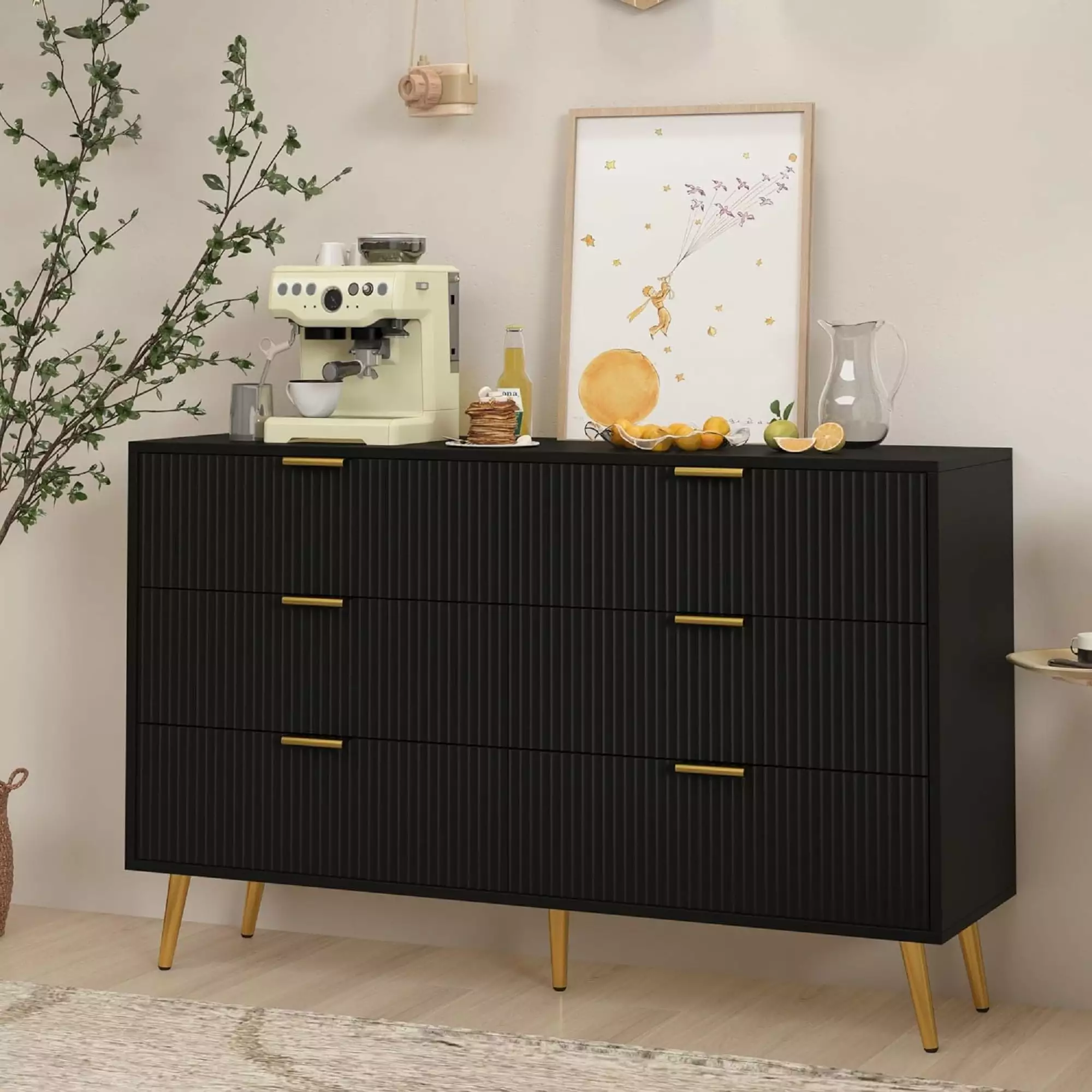 KUOESYN Wooden Chest of Drawers. 6 Drawer Dresser. Modern Storage Cabinet with Drawer for Bedroom. Living Room. Study. Black