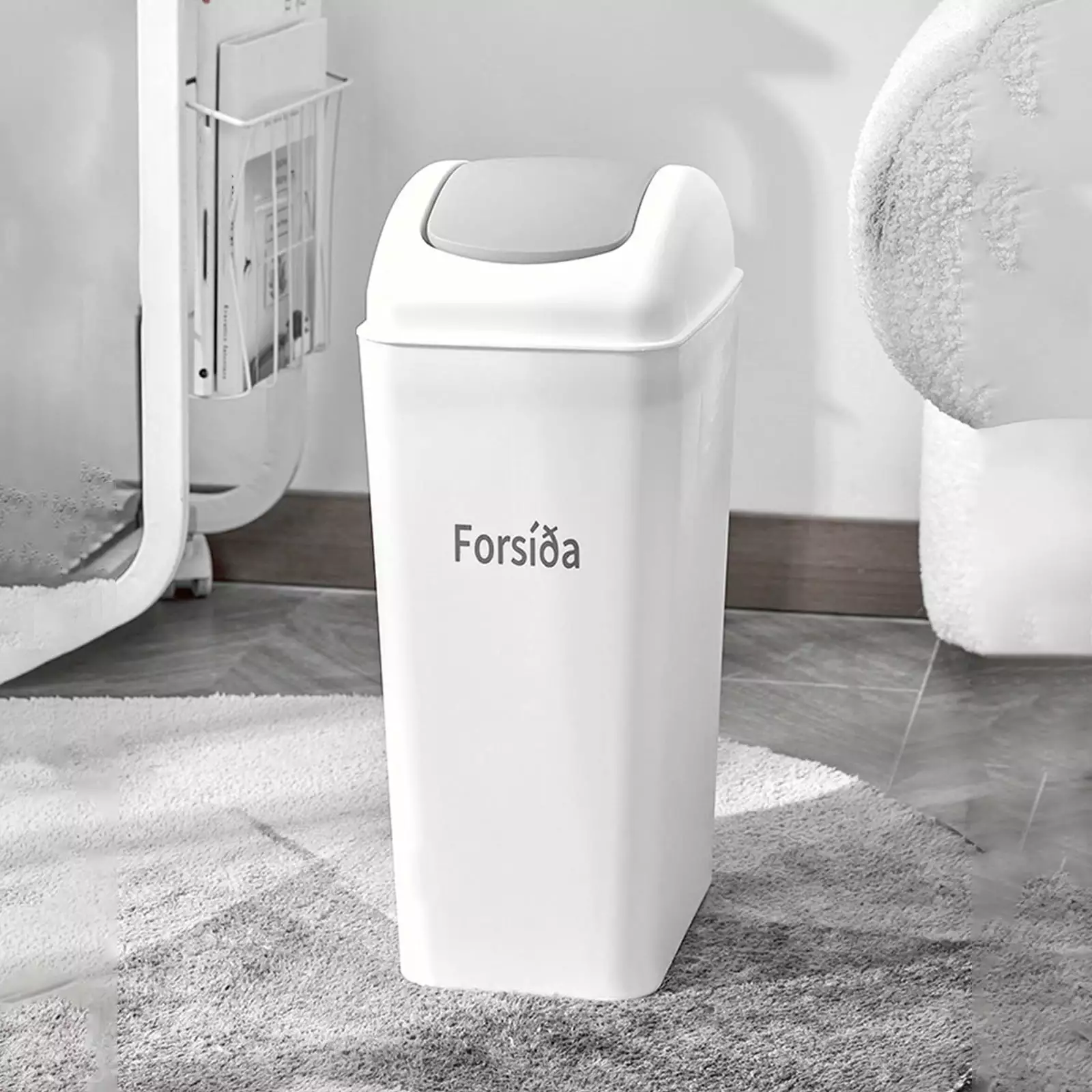 Kabnic Bathroom Trash Can with Lid. 3.6 Gal Plastic Swing Top Kitchen Garbage Trash Can. Garbage Can for Bathroom. Bedroom. Kitchen and Office | White