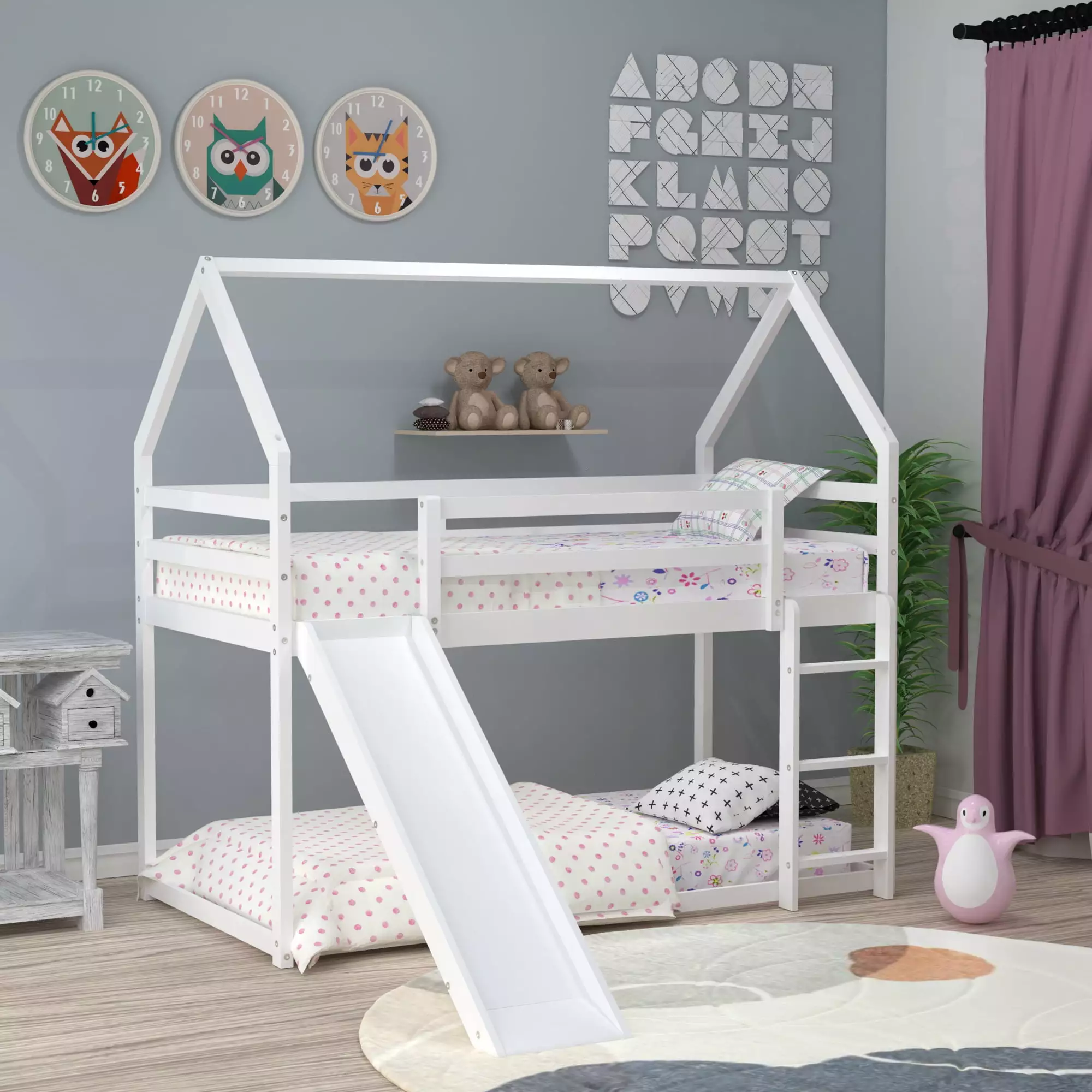 Kacho House Bunk Bed with Slide. Bunk Bed Twin Over Twin. Wood Bunk Bed with Roof and Ladder. Wood House Bunk Bed Frame for Kids. Teens. Girls. and Boys. No Box Spring Needed. White