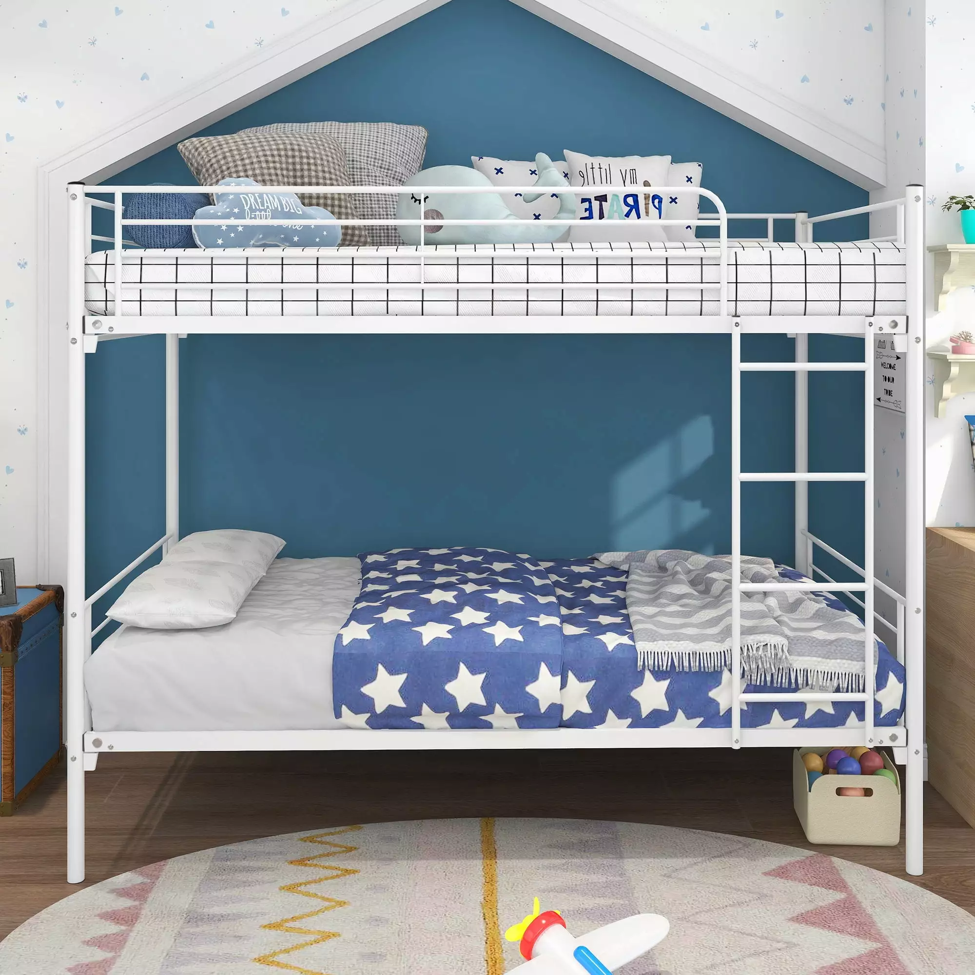 Kacho Metal Bunk Bed. Twin Over Twin Bunk Bed with Full-Length Guardrail and Ladder. Metal Bed Frame for Kids Teens Adults. Floor Bunk Bed for Bedroom Drom. Space-Saving Design. Easy Assembly. White