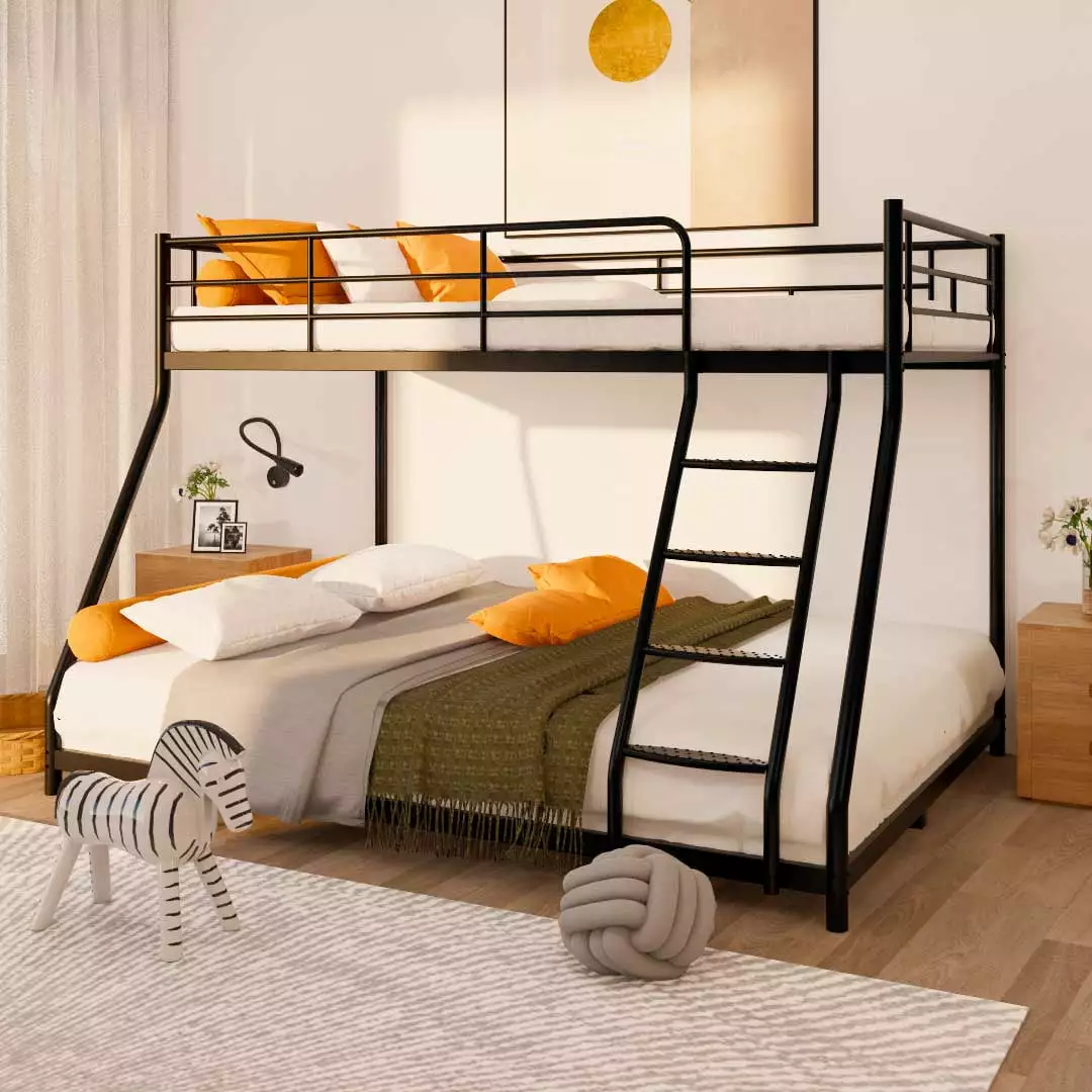 Kacho Metal Bunk Bed Twin Over Full Size. for Kids Teens Adults. Heavy Duty Bunk Bed Frame with Removable Ladder and Comfortable Rungs. Dormitory.Bedroom. Easy Assembly. Noise Free. Black