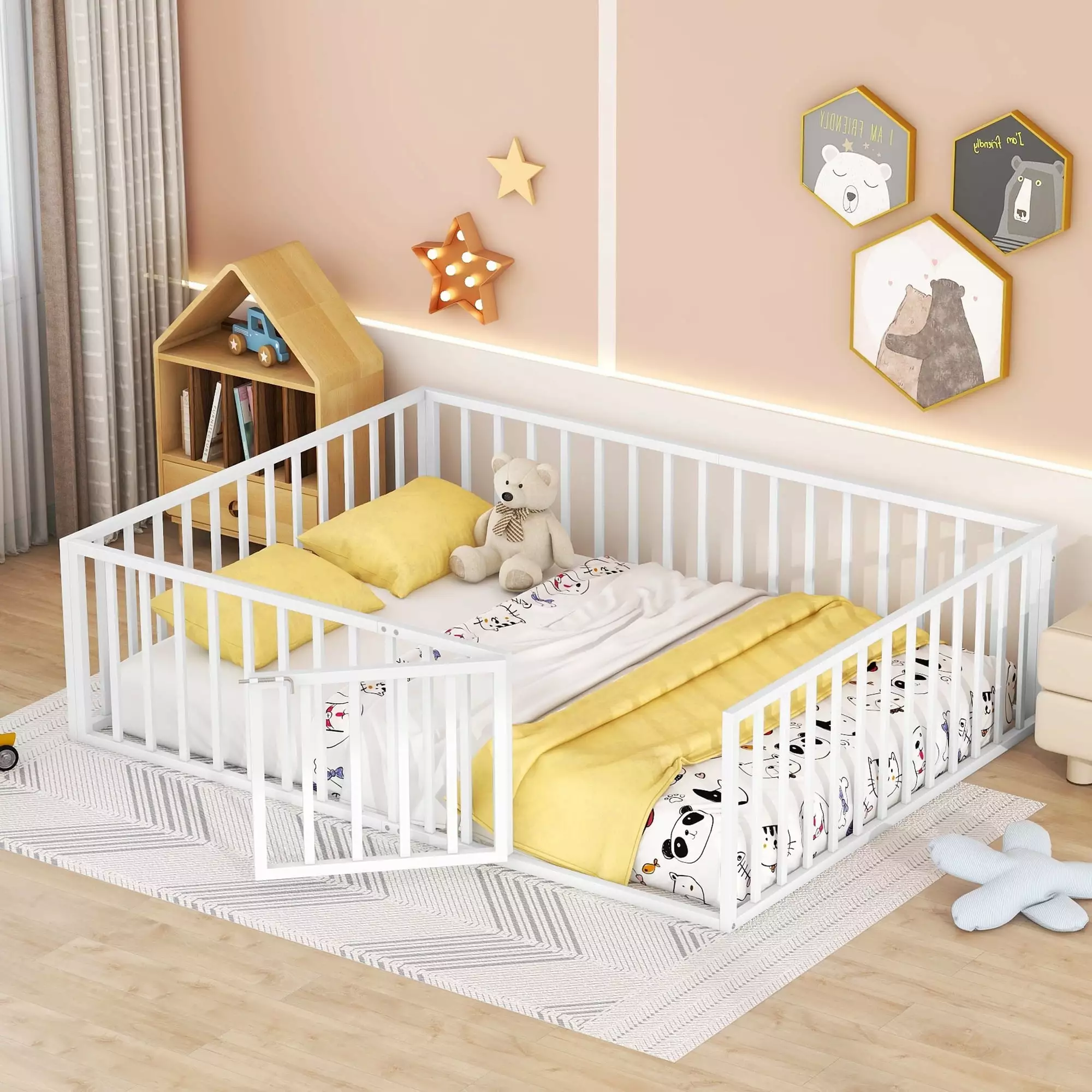 Kacho Queen Size Floor Bed Frame with Safety Fence and Door. Metal Floor Bed with Slat Support. Toddler Floor Bed Frame for Kids Girls Boys. No Box Spring Needed. Wood Frame Beds. White