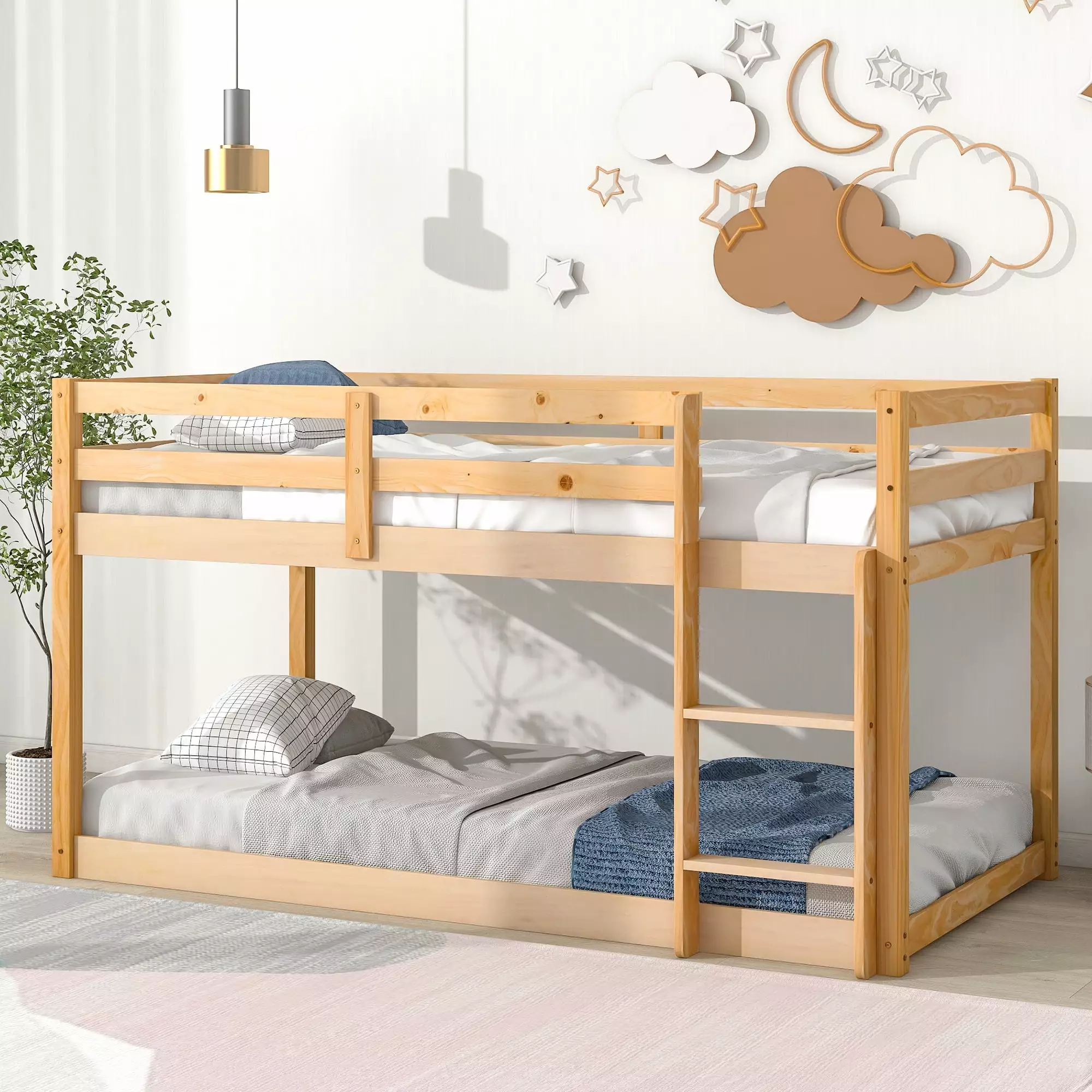 Kacho Twin Over Twin Bunk Bed with Ladder. Floor Bunk Bed Frame for Kids. Boys and Girls. Wood Bunk Bed with Guard Rails Ladder for Dormitory and Bedroom. No Box Spring Needed. Natural