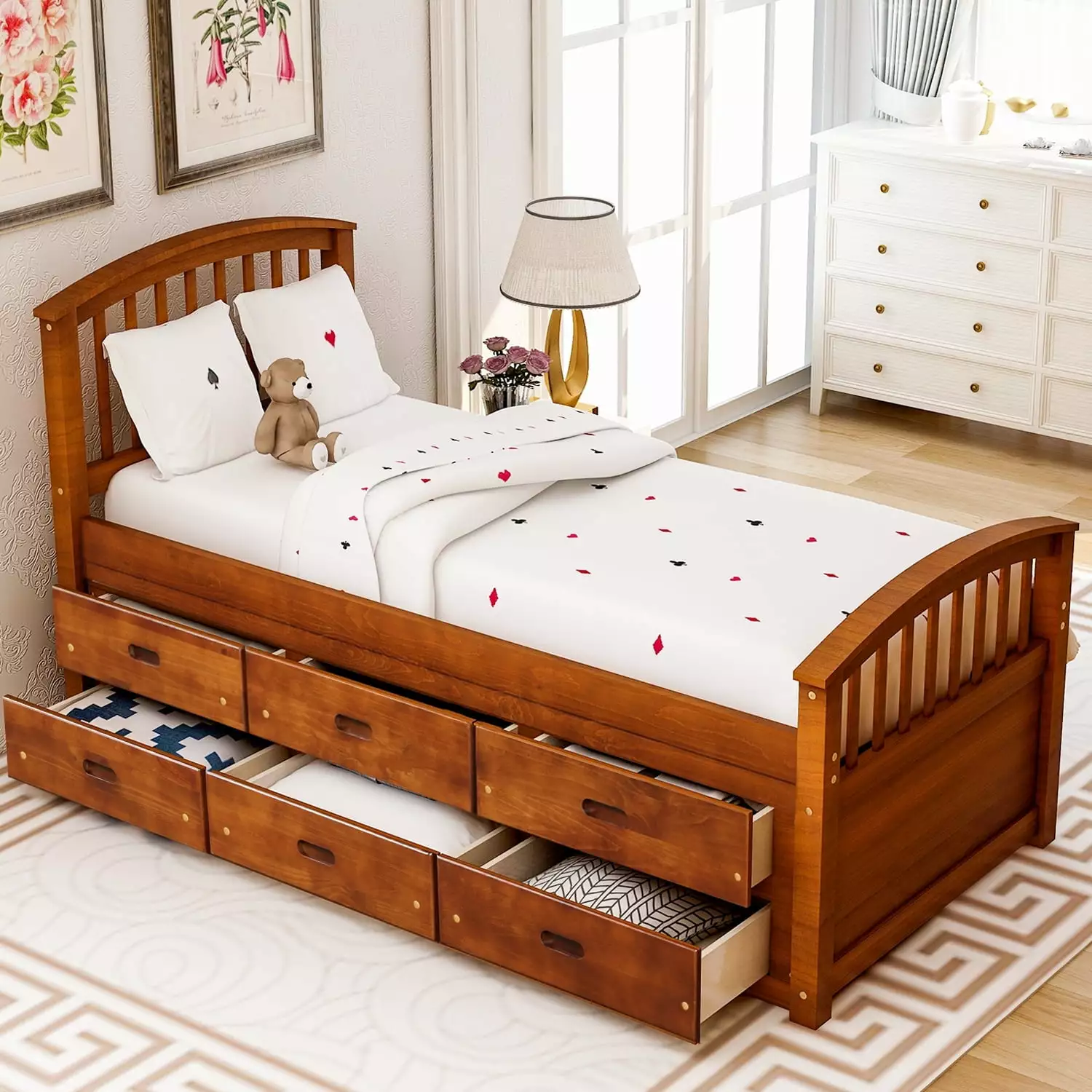 Kacho Twin Size Platform Bed Frame with 6 Storage Drawers Twin Daybed. Solid Wood Captains Bed for Kids. Teens. Adults. No Box Spring Needed. Walnut