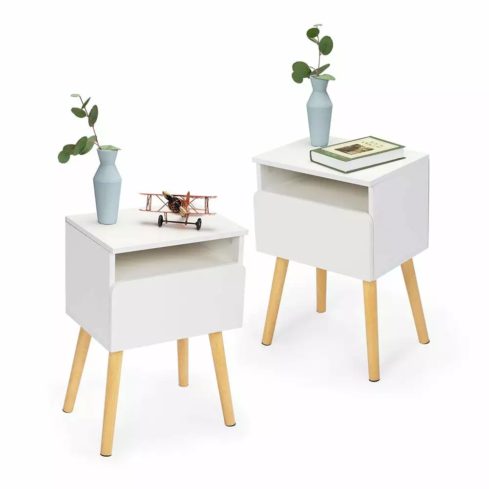 Kadyn Set of 2 Modern wood bedside tables. Bedroom bedside table with Drawer. Bedside Furniture for Living Room. White