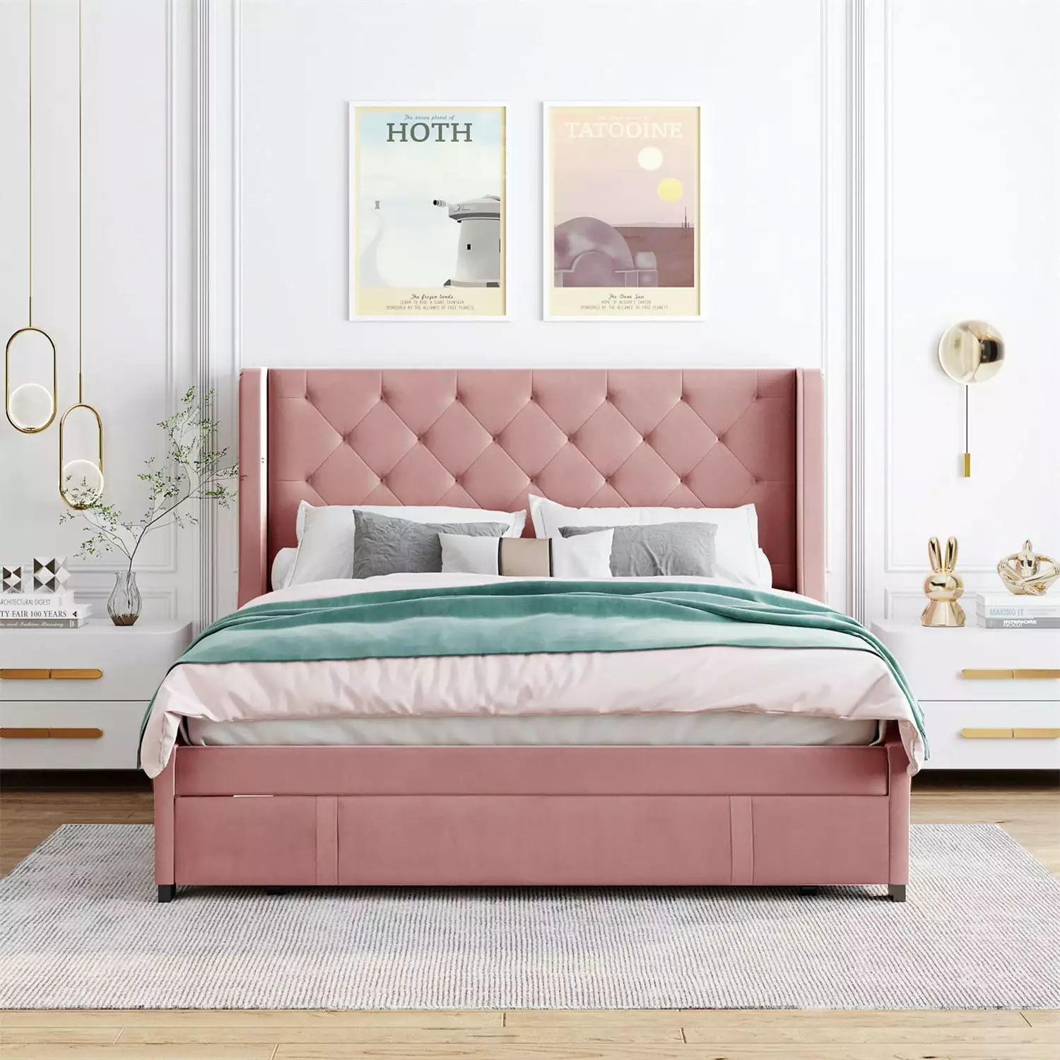 Kadyn Upholstered Platform Bed Frame with Wingback Headboard / Mattress Foundation / Wood Slat Support / No Box Spring Needed / Easy Assembly. Queen&Pink