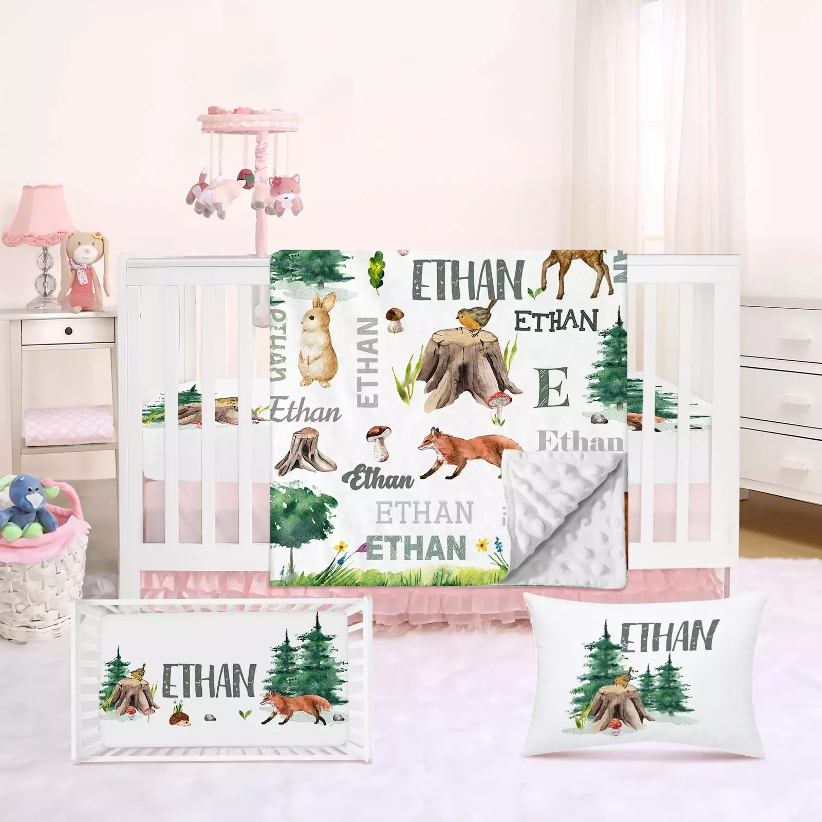 Kainsy Personalized Crib Bedding Set for Baby Boy Girl: Custom Name Animals Design 3 Piece Set with Plush Blanket. Fitted Sheet. and Pillowcase - Unique Gift for Newborn Nursery(Fixed Size)