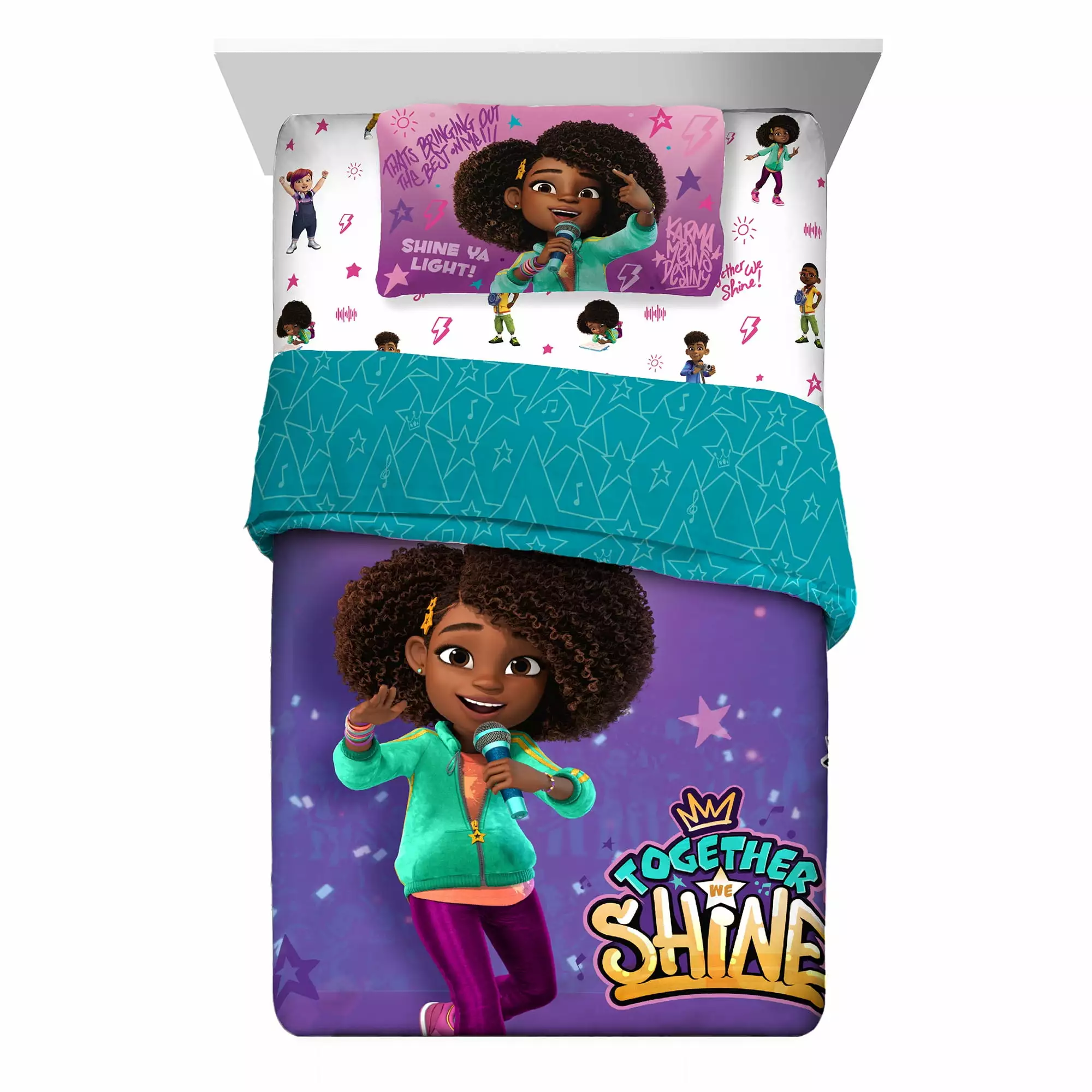 Karma's World Kids Twin Bed in a Bag. Comforter and Sheets. Purple and Teal