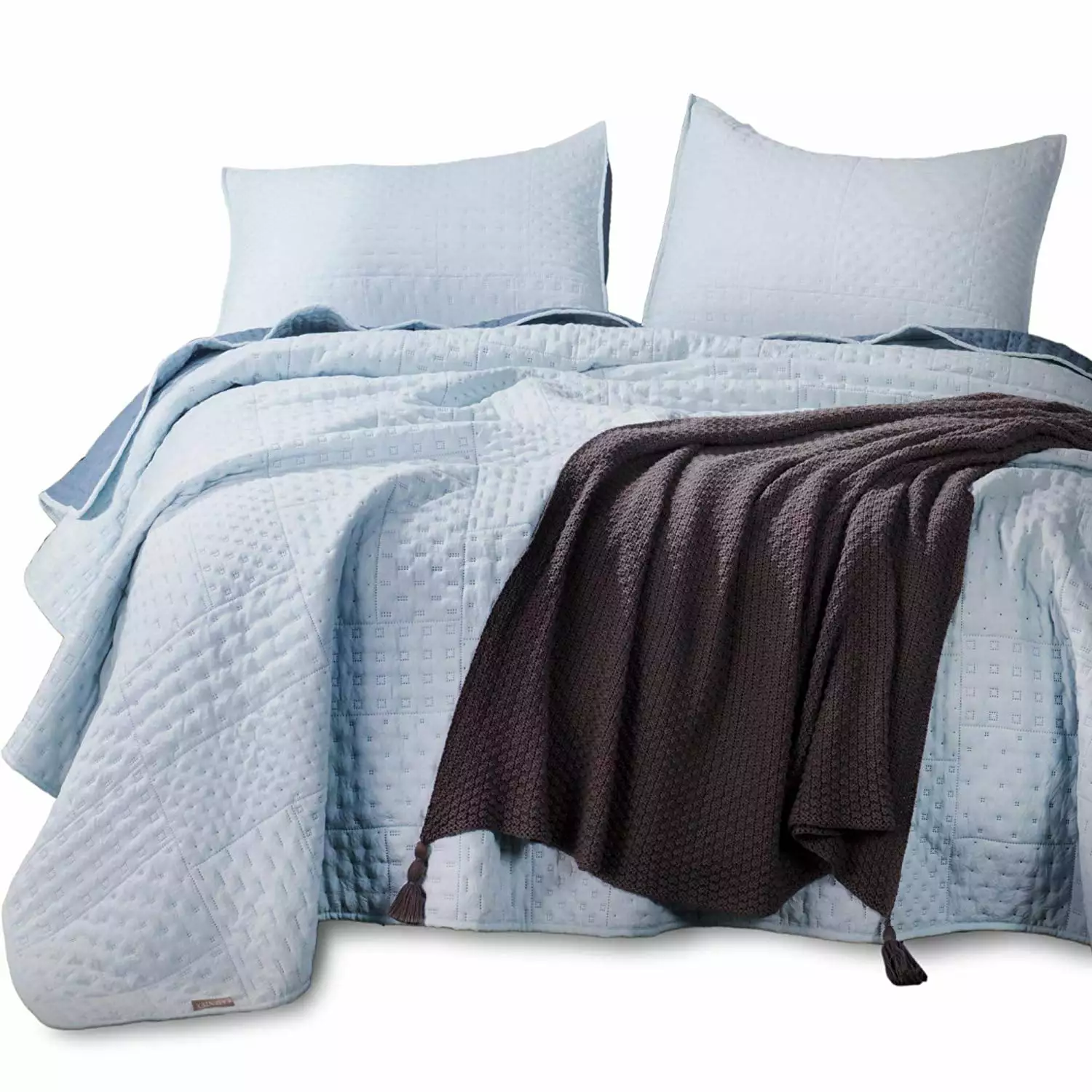 Kasentex Quilted Coverlet Mini Bedding Set-All Season Stonewashed Blanket. King Size. Sky Blue