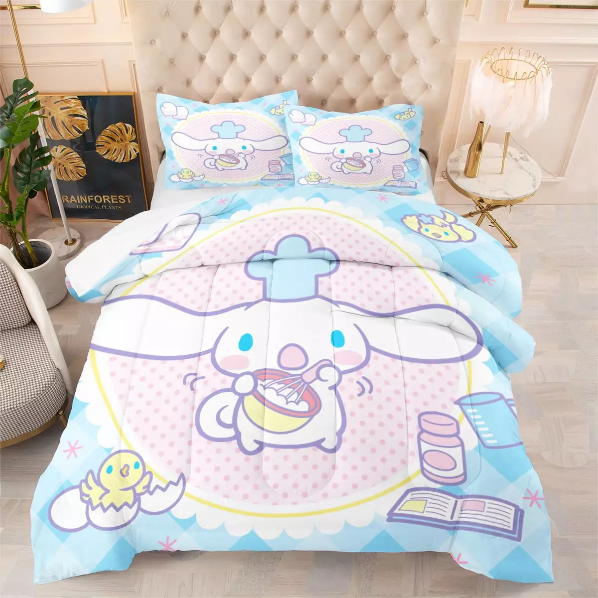 Kawaii 3 Piece Twin Kids Bed Set. Comforter. 2 Pillowcase. 100% Microfiber. Cartoon Anime Litte Dog Animal Print