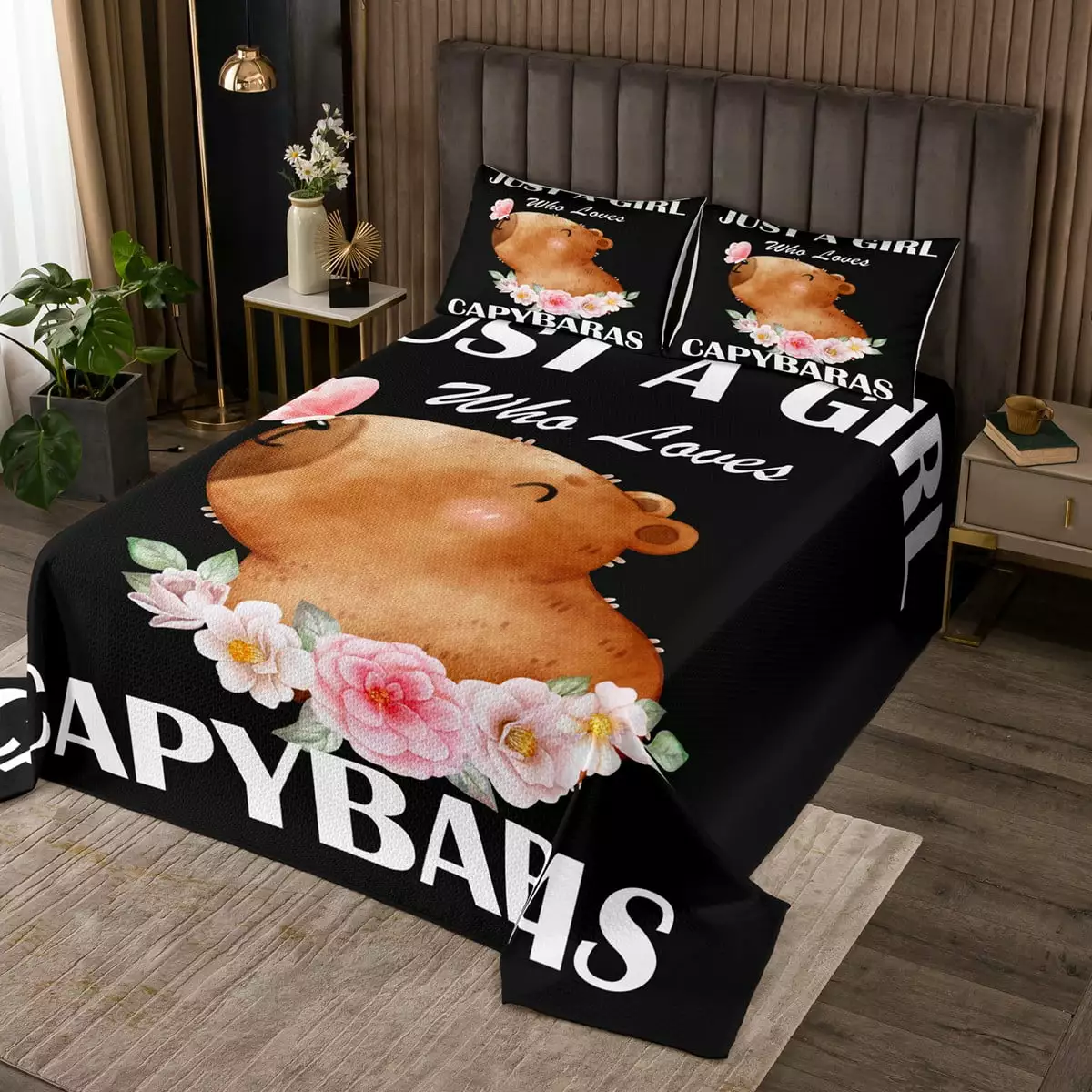 Kawaii Capybara Quilt Set Twin Size Botanical Flowers Bedspread Gifts for Capybara Lovers Cute Rodent Animals Coverlet Set Funny Capybaras Bed Set Wild Capybaras Bedding