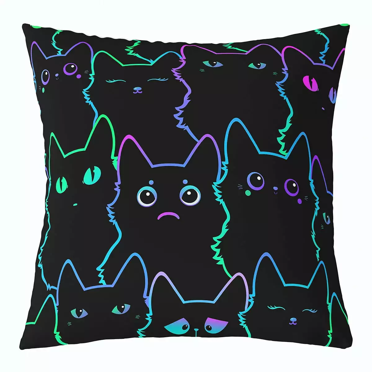 Kawaii Cartoon Cat Pillow Cover Reversible.Kids Boys Girls Cute Animal Throw Pillow Cover Gradient Line Neon Black Cat Cushion Case 18x18 Inch .Watercolor Kitten Pet Cats Pillow Case