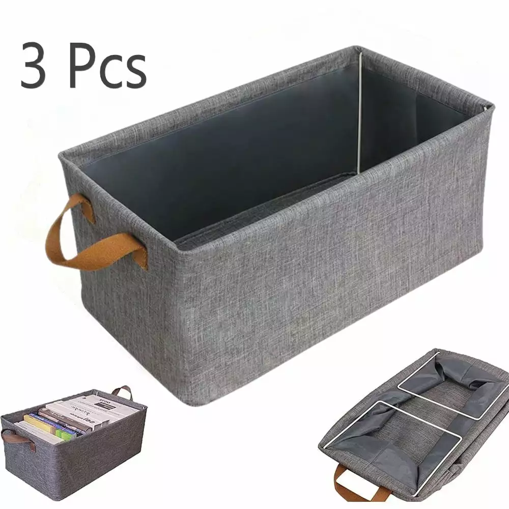 Kibhous 3 Pcs Fabric Storage Bins. 25L Foldable Storage Cubes with Steel Frame Support. Foldable Wardrobe Storage Box Pocket. Dark Gray