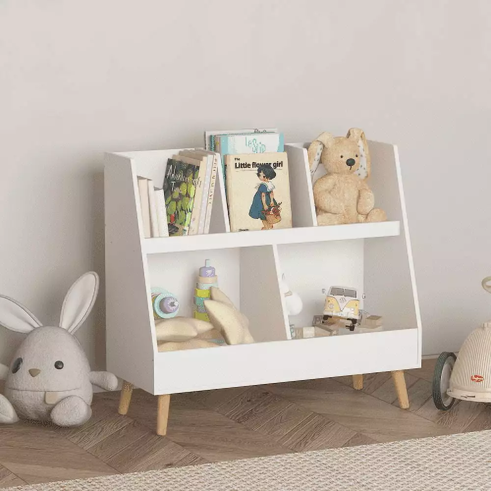 Kid Bookshelf with 5 Cubbies. Wooden Storage Display Organizer with Legs for Playing Room. Classroom. White