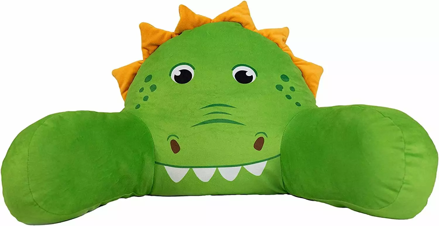 Kid's Bed Rest Pillow with Arms. Back Rest Cushion for Reading or Playing. Oeko TEX Certified. Oversized Plush Filled Backrest Pillow for Boys and Girls. Dino. Green