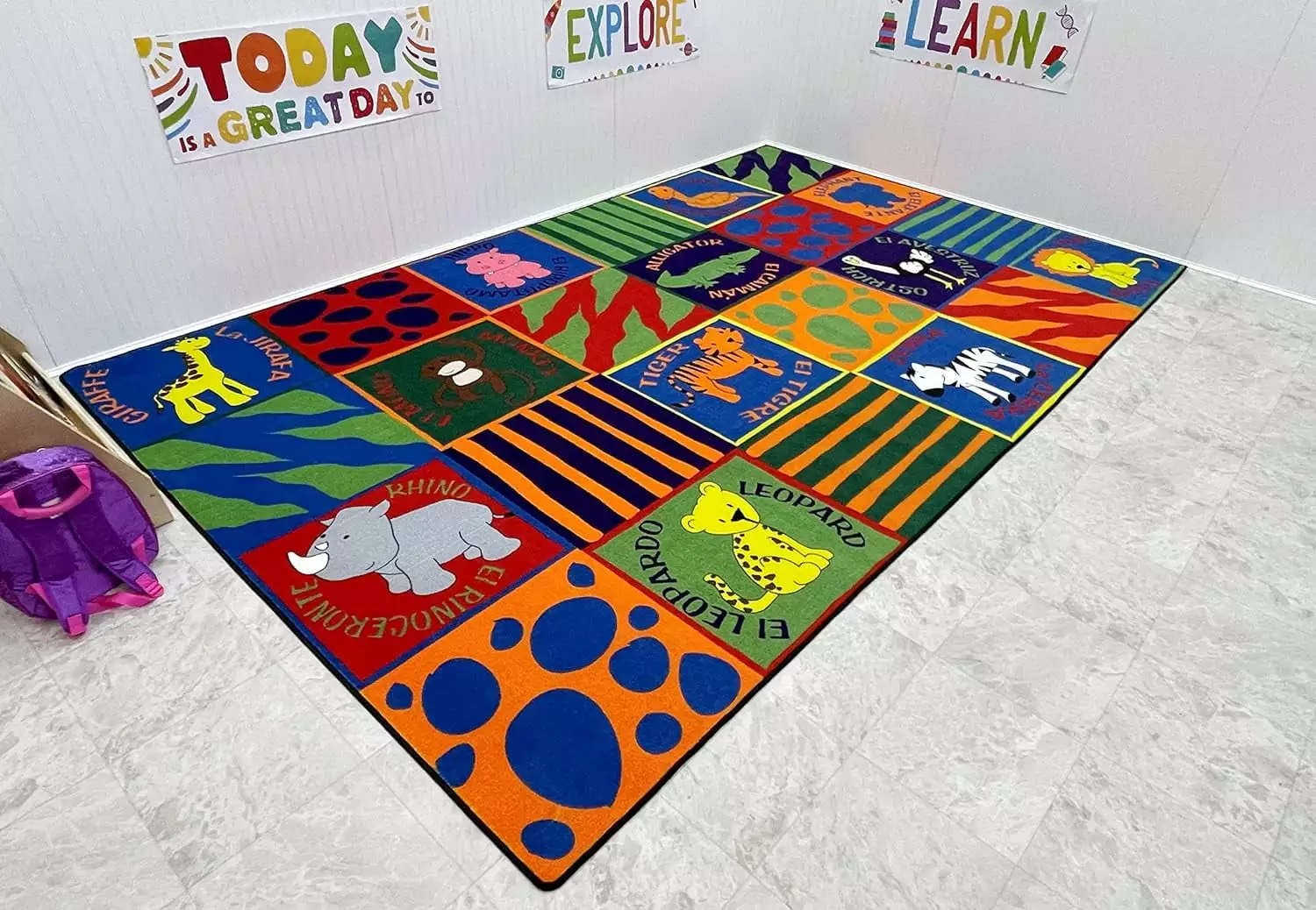 KidCarpet Bilingual Animals Rectangular Multicolored Rug. 4' x 6' | Educational Carpet Rug for Home or School Learning Area. Classroom. Kid's Bedroom or Playroom | Indoor