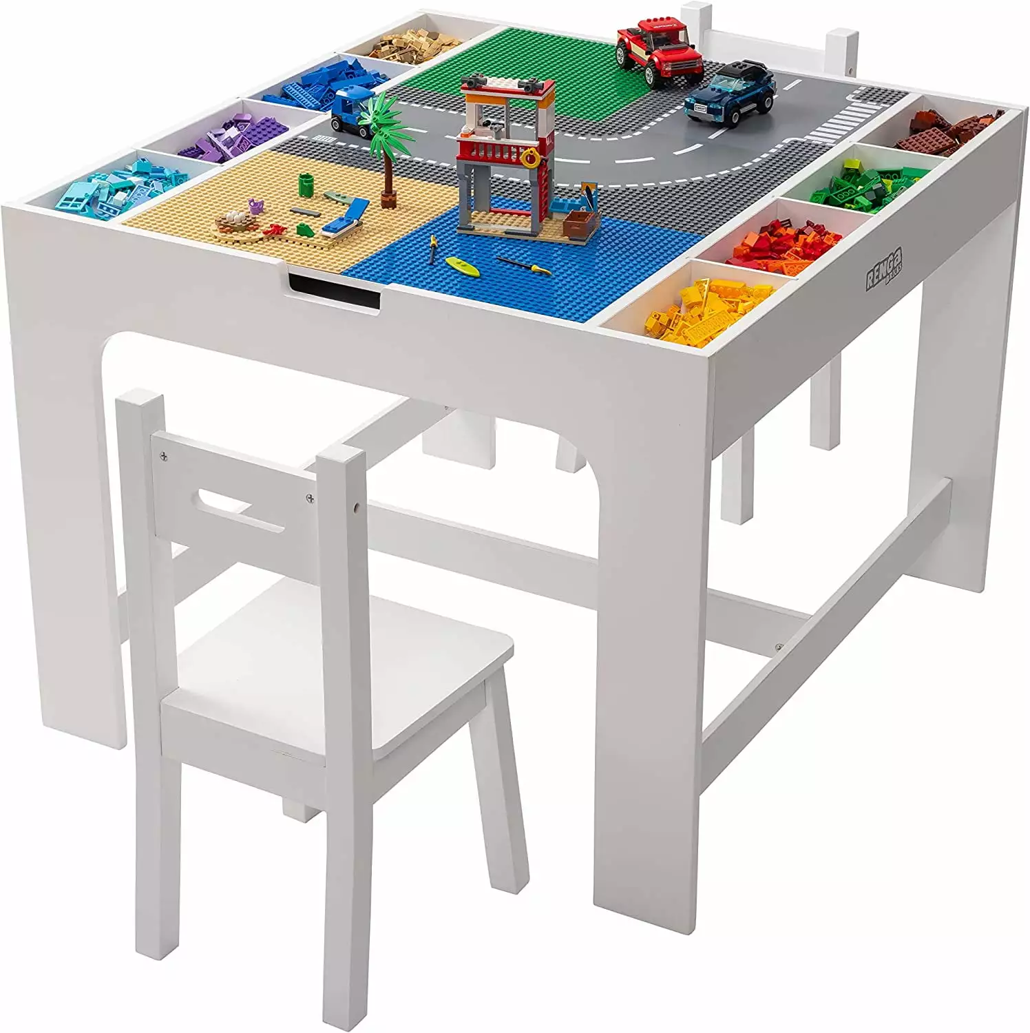 Kids 2 in 1 Play Table and 2 Chair Set with Storage. Compatible with Lego and Duplo Bricks. Activity Table Playset Furniture with Modern White Color