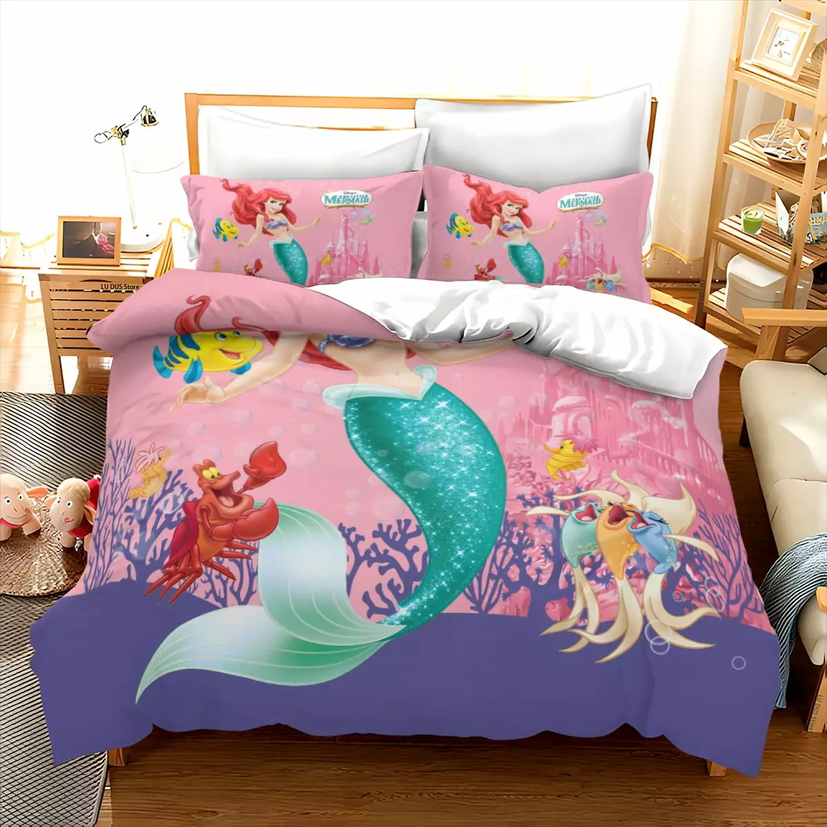 Kids Bedding Set Girls Mermaid Ariel Duvet Cover and 2*Pillow Cases .3 Pieces.Full