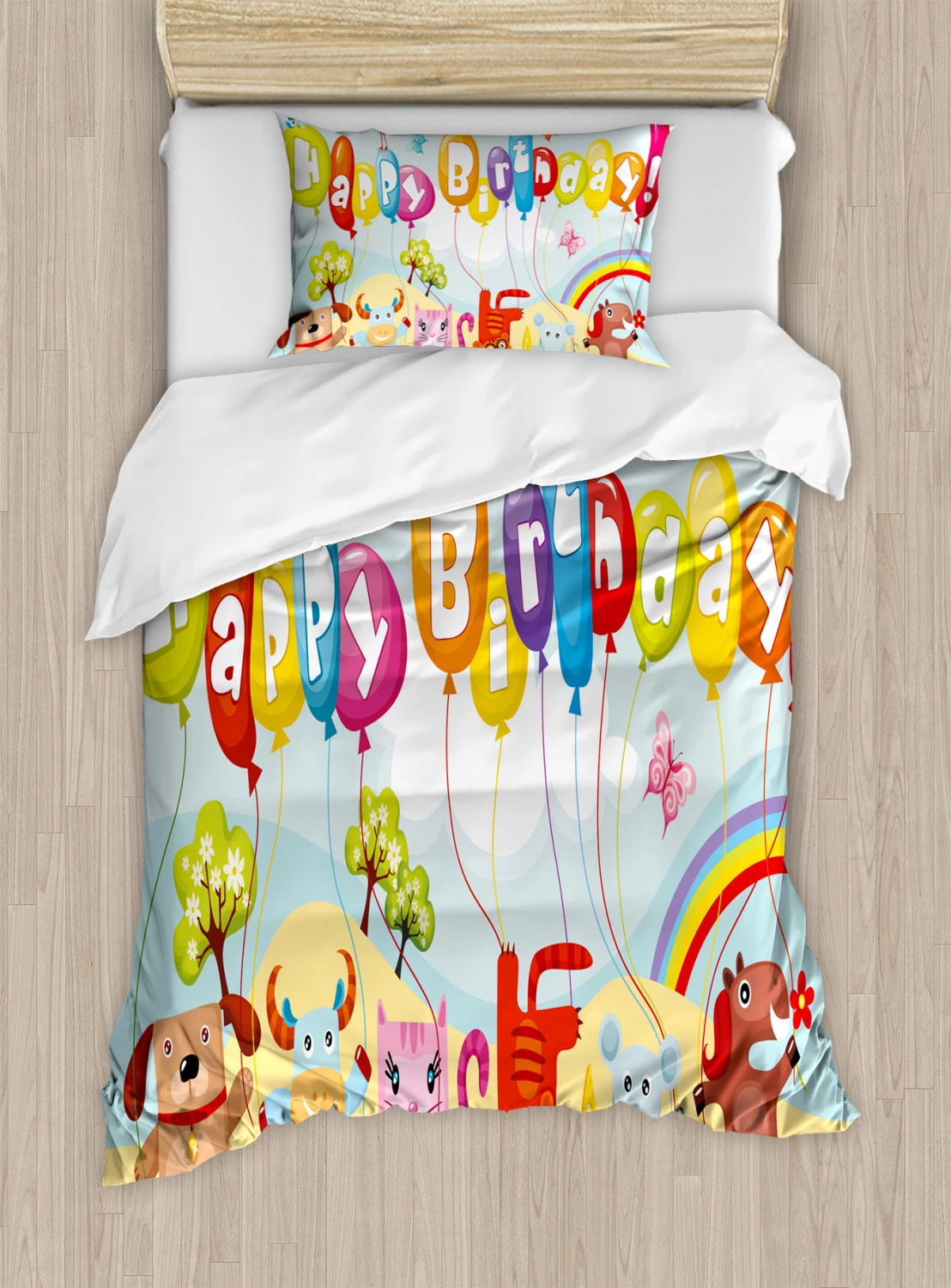 Kids Birthday Duvet Cover Set Twin Size. Farm Life Animals Balloons Rainbow Clouds Village Theme Party Fun Art Print. Decorative 2 Piece Bedding Set with 1 Pillow Sham. Multicolor. by Ambesonne