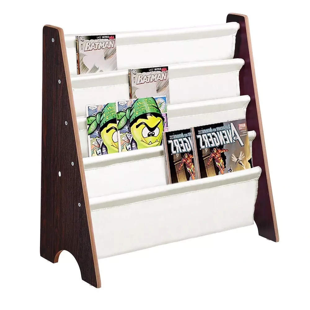 Kids Book Rack with Fabric Sling Sleeves .Walnut