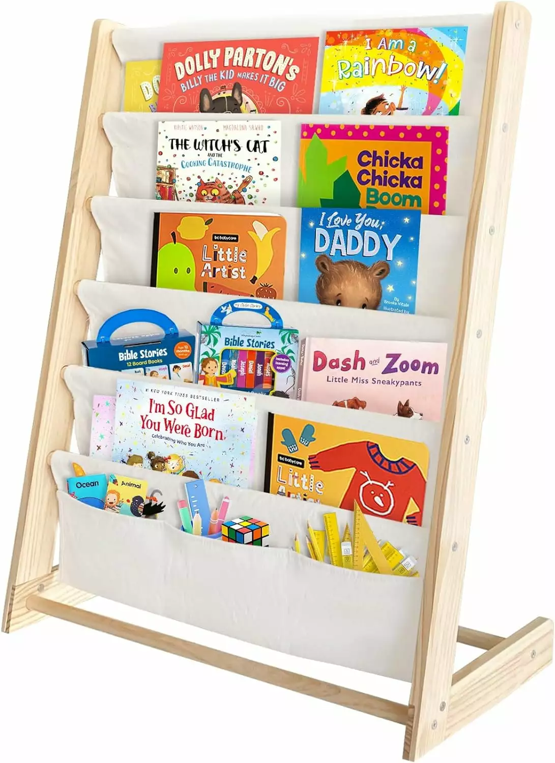 Kids Book Shelf 5-Tier Wood Kids Book Rack Storage Bookshelf Kids Sling Bookshelf for Kids Room Toddler Baby Bedroom Living Room