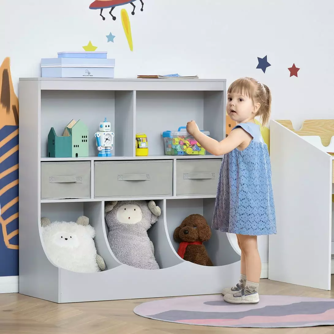 Kids Bookcase with 3 Drawers & Open Storage Cubby. Toy Storage Organizer Cabinet. Children Display Bookshelf for Playroom. Bedroom. Nursery School. Grey