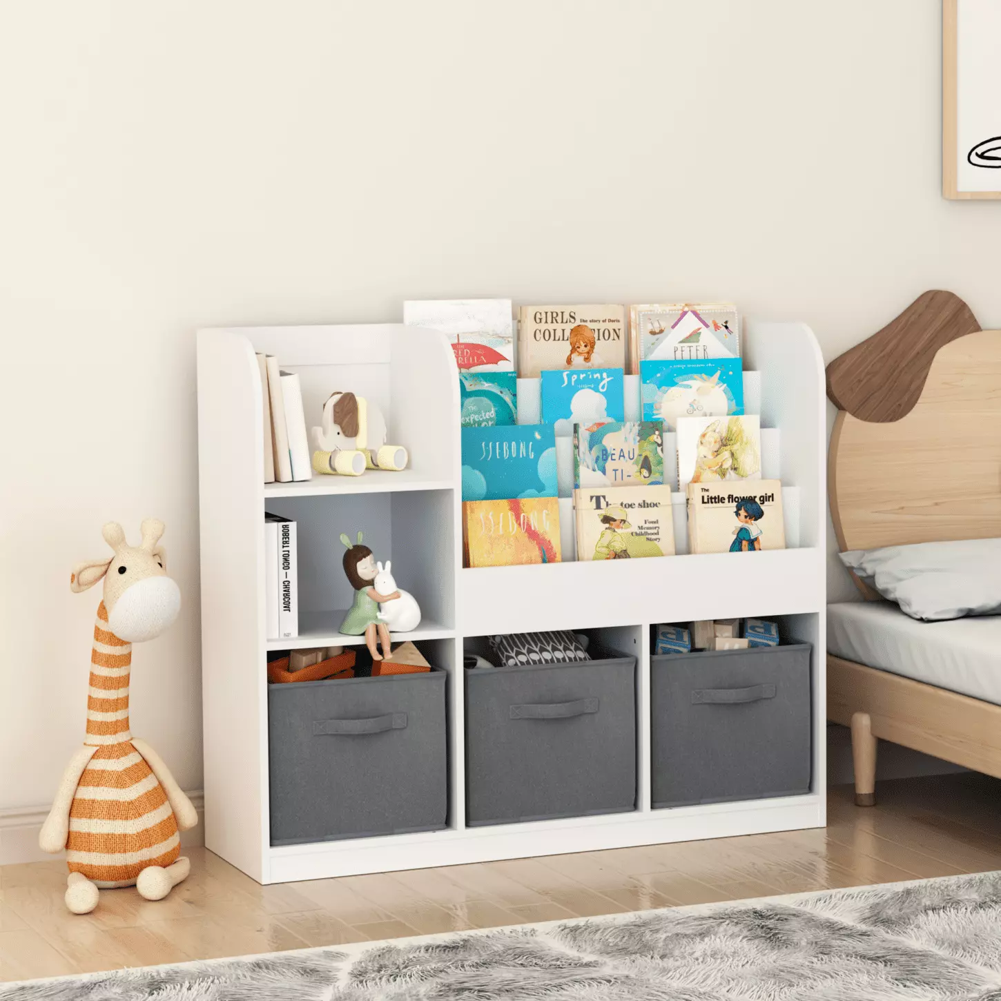 Kids Bookcase and Bookshelf. Multifunctional Bookcase with 3 Collapsible Fabric Drawers. Bookcase Display Stand. Baby Book and Toy Storage Organizer for Bedroom. Playroom. Hallway. White