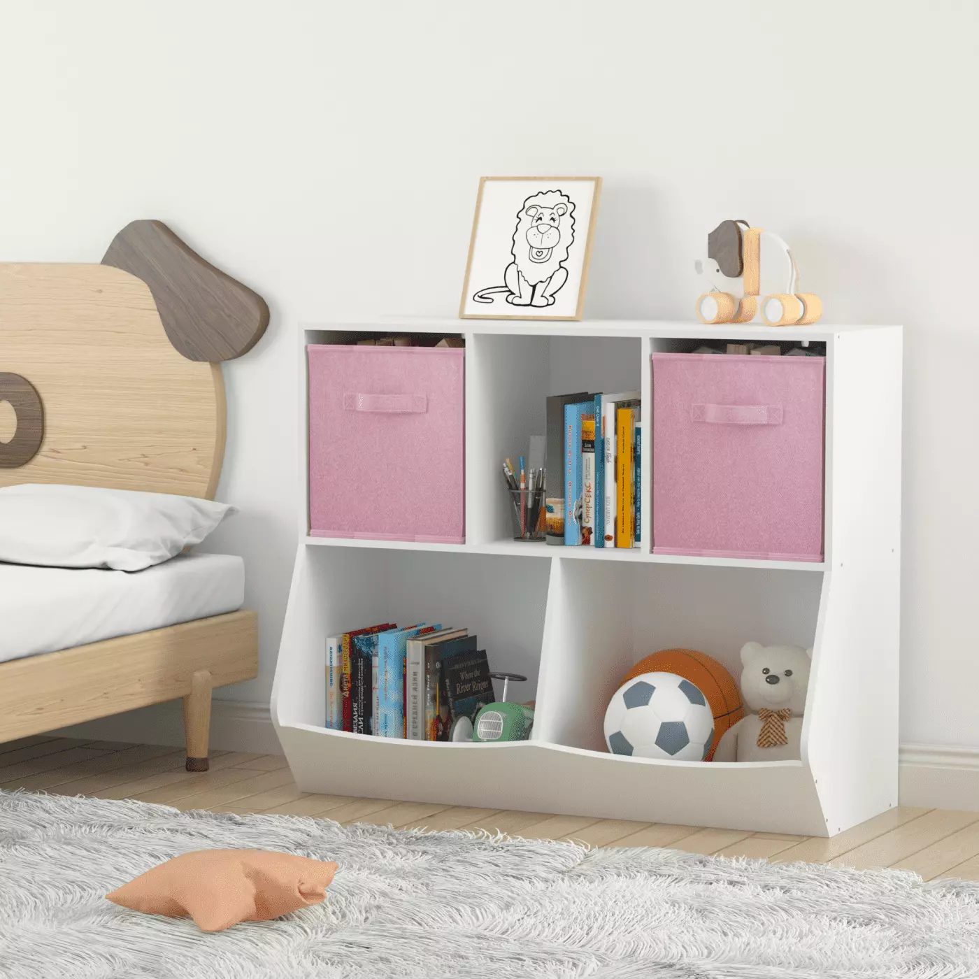 Kids Bookcase with Collapsible Fabric Drawers - White and Pink Toy Storage Cabinet. Ideal for Playroom. Bedroom. Nursery. Organizational Furniture for Children