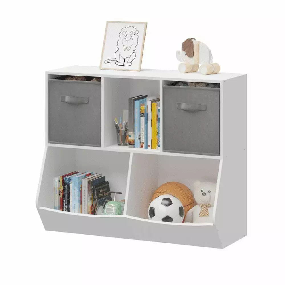 CATLK Kids Bookcase with Collapsible Fabric Drawers. Children's Toy Storage Cabinet for Playroom. Bedroom. Nursery. School.Gray