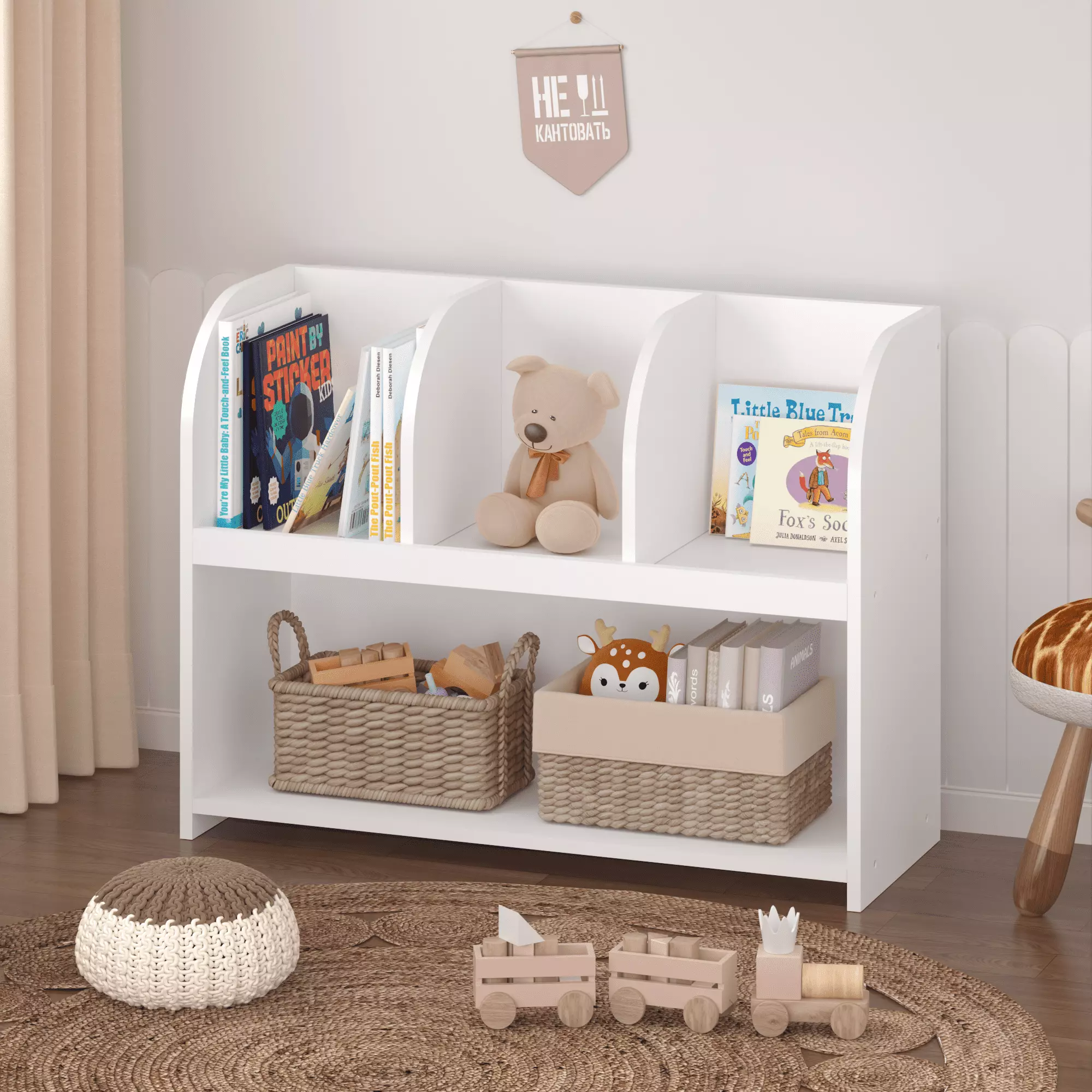 Kids Bookshelf. 2-Tier Wooden Open Bookshelf and Toy Organizer. Free Standing Bookshelf for Playing Room. Bedroom. Nursery. Classroom. Wood Bookshelf Design for 1-6 Years Height . White