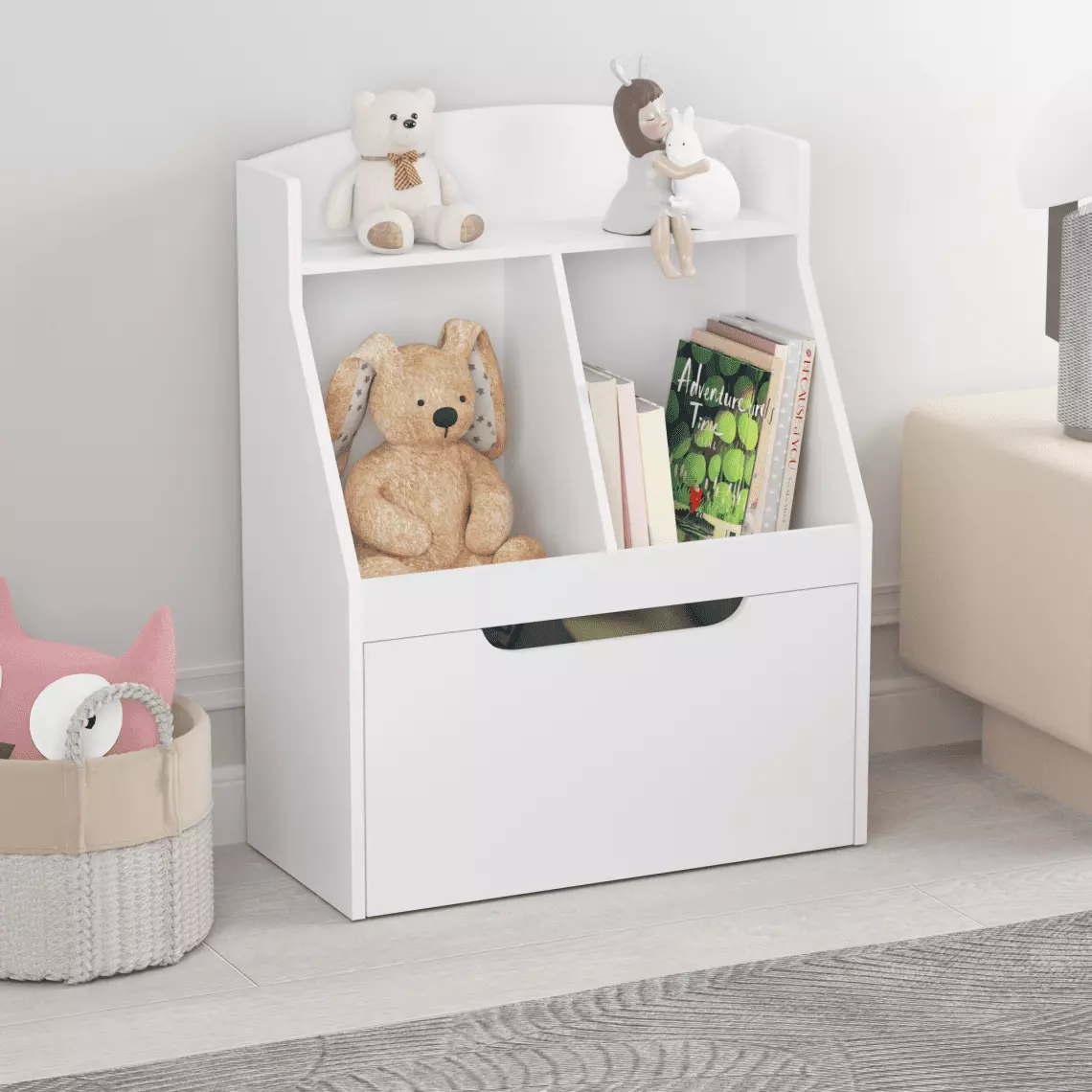 Kids Bookshelf. Children Bookcase and Toy Organizer with Big Storage Drawer and Wheels. Hidden Storage Space Floor Standing Kids Bookshelf for Organizing Books Toys. White