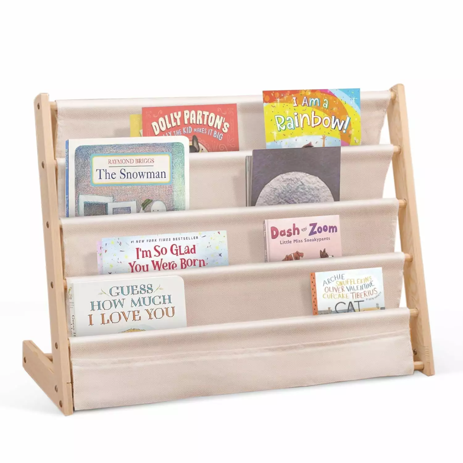 Kids Bookshelf. HDJ 4 Tier Wooden and Canvas Kids Bookcase. Sling Rack Bookshelf for Kids. Toddler Bookshelf for Playroom. Bedroom. Toddler Room. Nursery. Beige