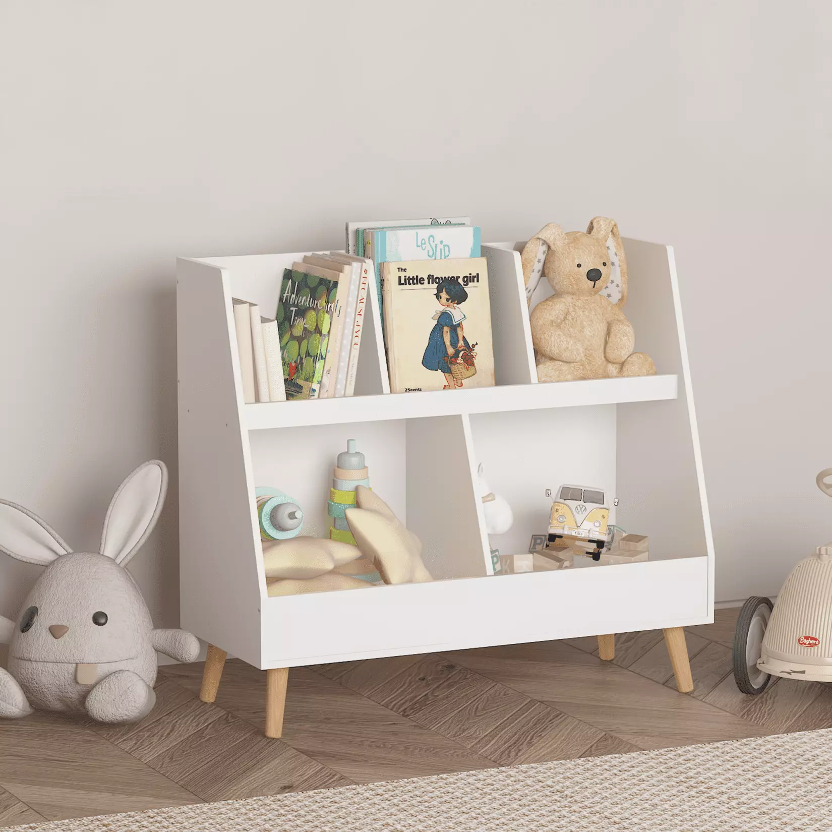 Kids Bookshelf and Toy Organizer. 5 Cubbies Wooden Open Bookcase. 2-Tier Baby Storage Display Organizer with Legs. Free Standing Cabinet for Playing Room. Bedroom. Nursery. Classroom. White