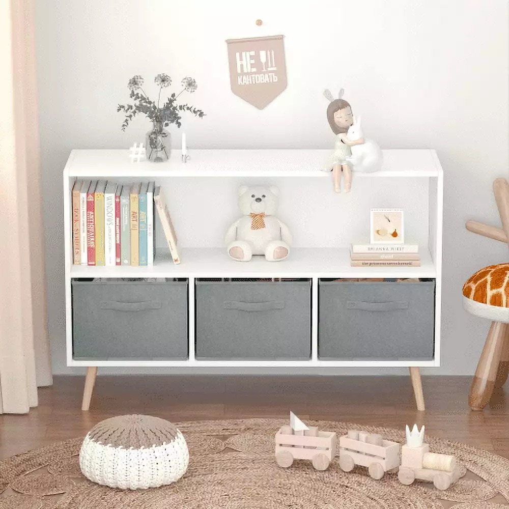 Kids Bookshelf and Toy Storage Organizer. 2-Tier wood Bookshelf with 3 Collapsible Fabric Drawers and Pine Legs. 4 Cubby Kids Bookcase Perfect for Nursery. Living Room Bedroom. Playroom. Gray