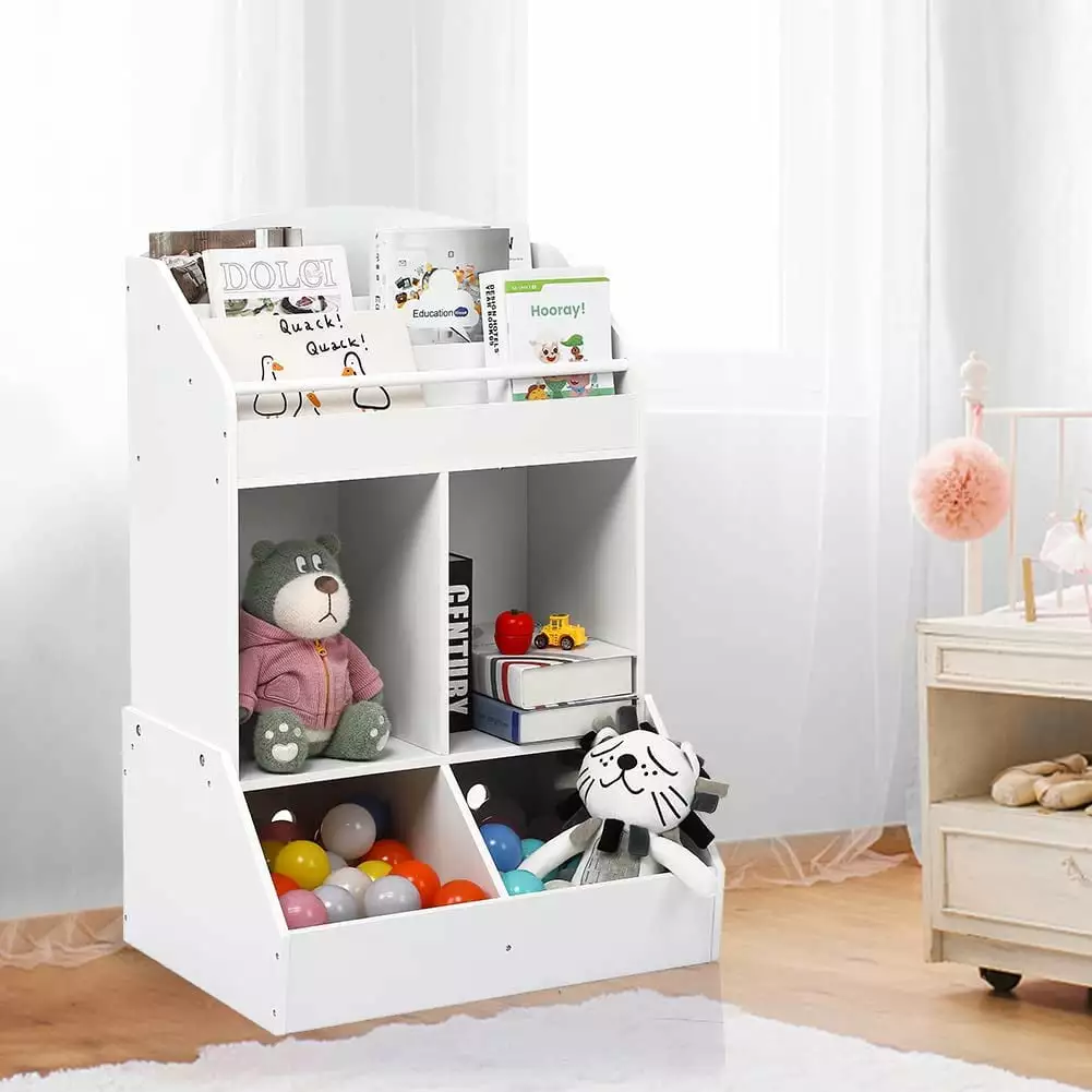 Kids Bookshelf with Storage. Wood Children's Toy Storage Organizer and Bookcase - Perfect for Playroom. Bedroom. and Nursery School. White