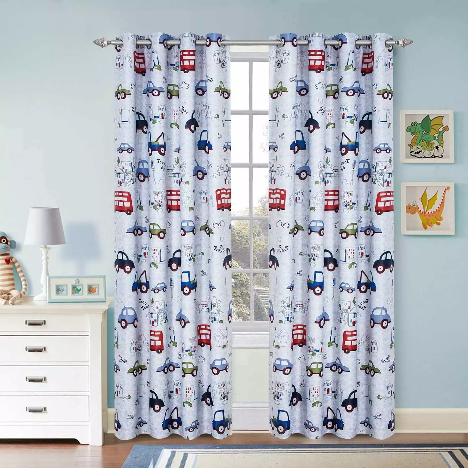 Kids Curtains Cartoon Car and Bus Room Darkening Curtain Grommet Top.52x84in.one pair