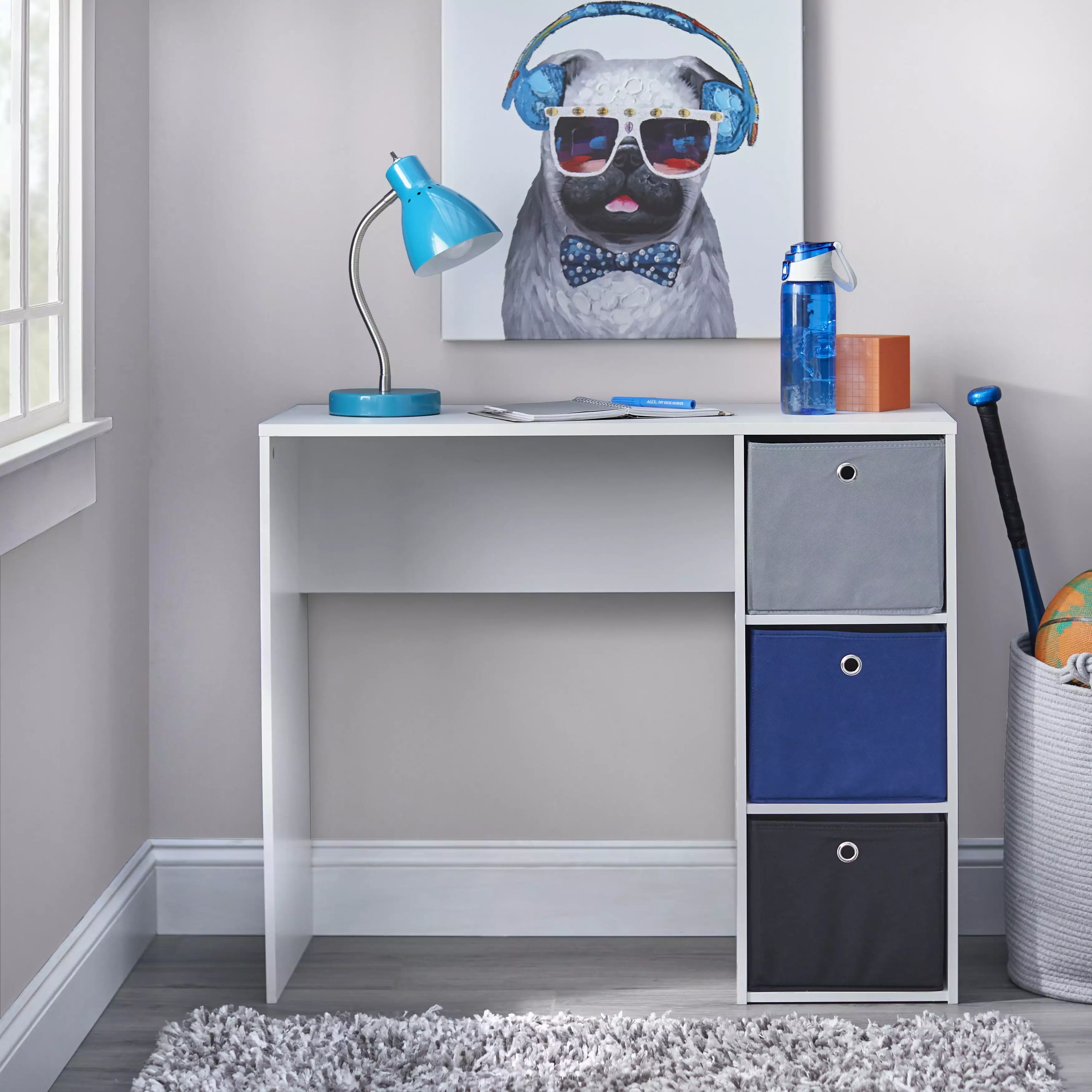 Kids Desk with Three Fabric Storage Bins. White/Blue/Black/Gray